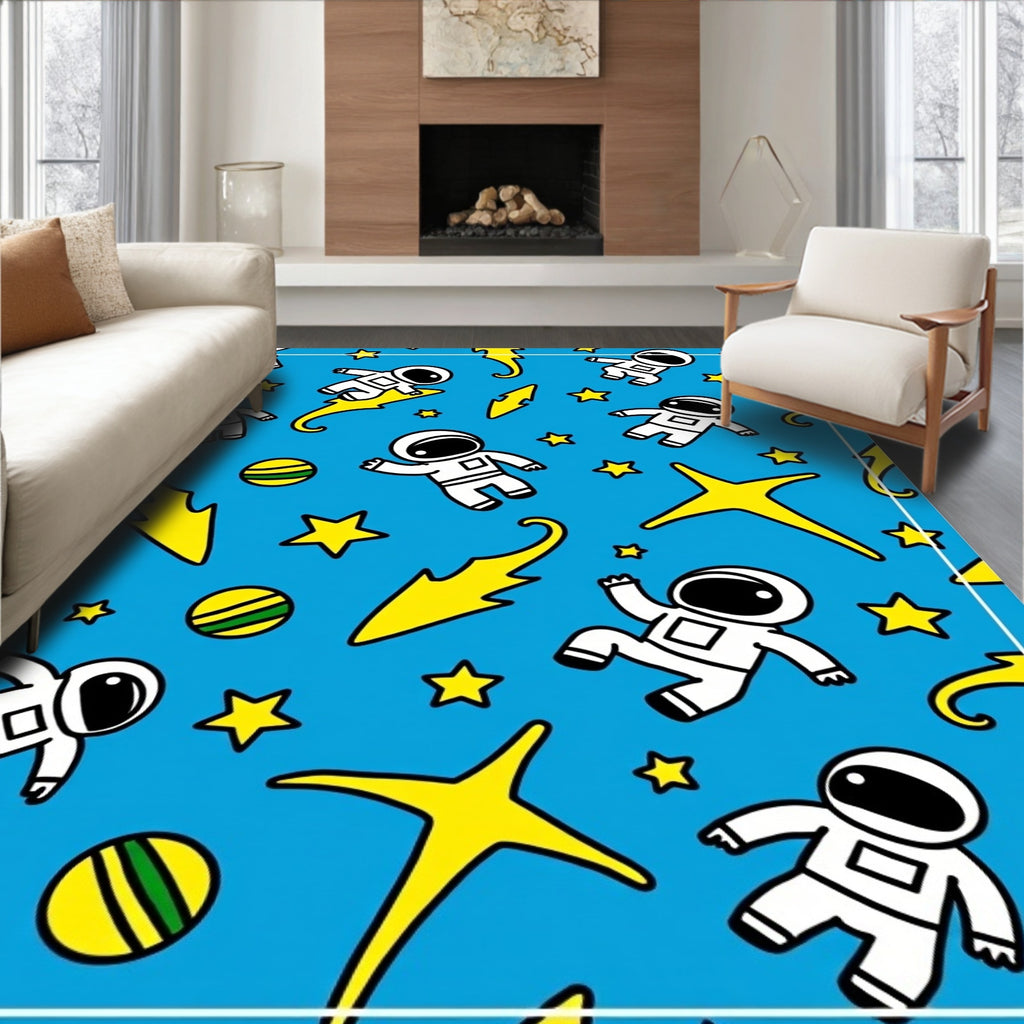 Blue Astronauts Flying Yellow Stars Rug