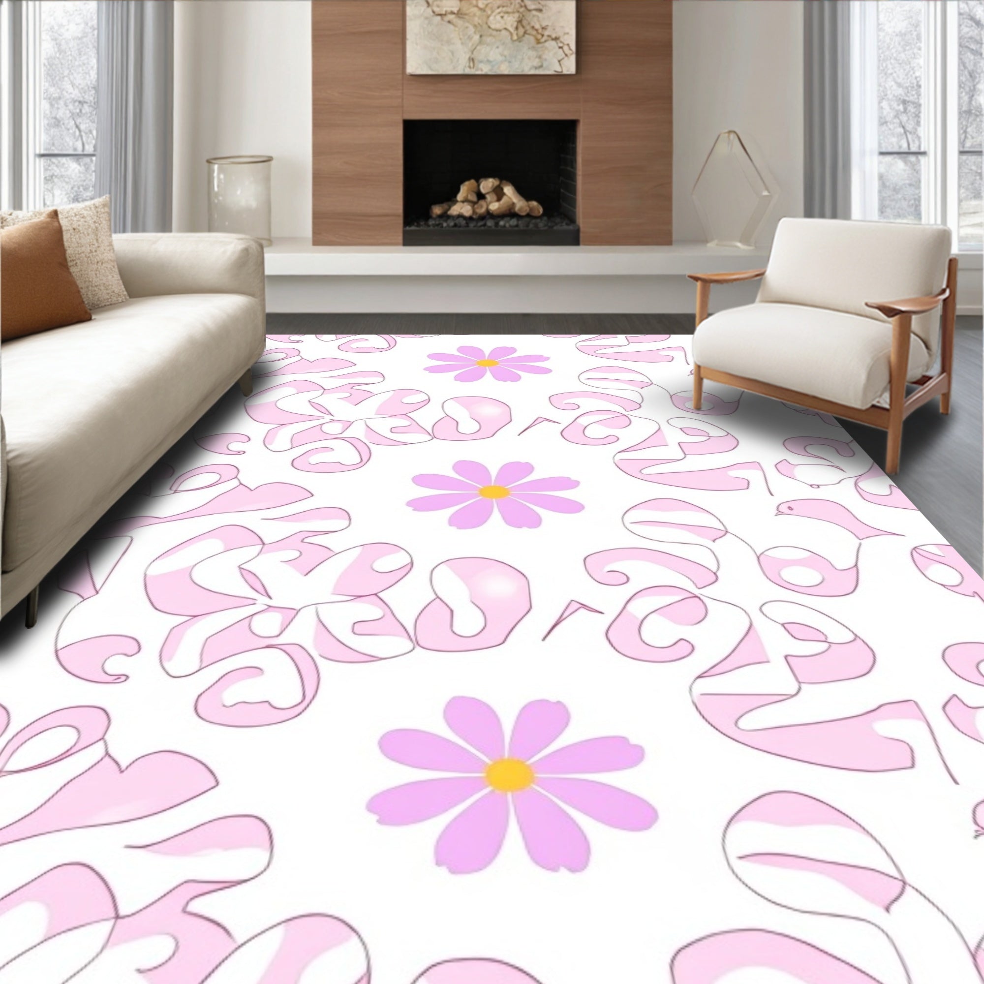 Pastel Pink Floral Abstract Design Rug