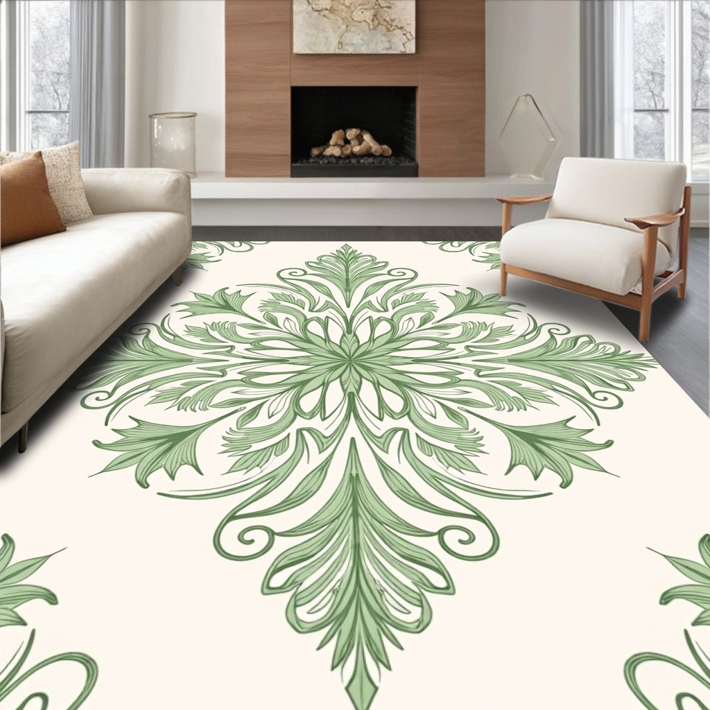 Green Floral Scroll Damask Pattern Rug