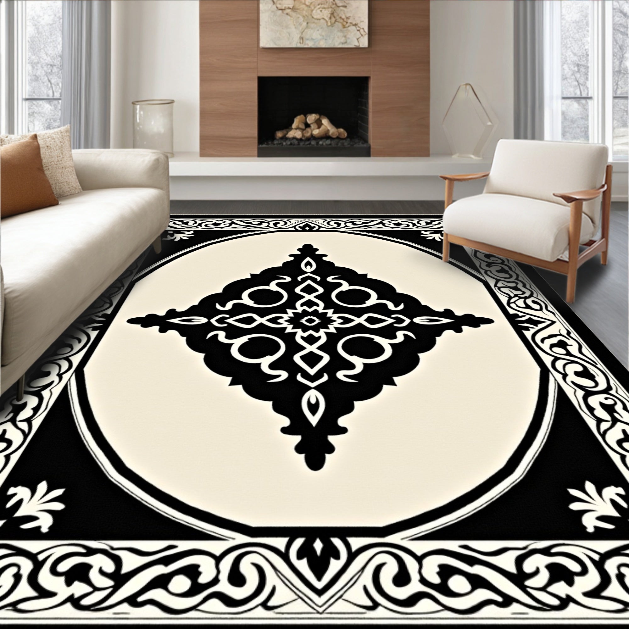 Abstract Black White Filigree Rug
