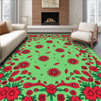 Vibrant Red Floral Patterned Green Rug