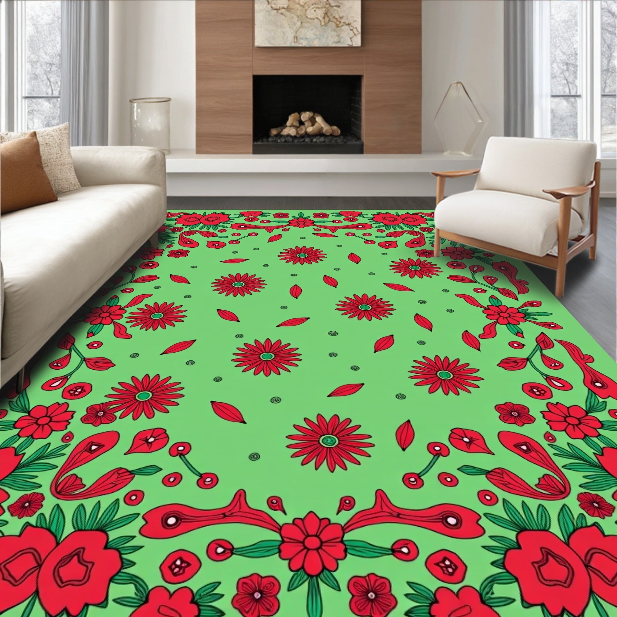 Vibrant Red Floral Patterned Green Rug