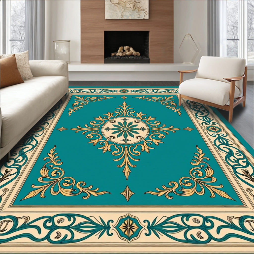 Ornate Teal Gold Scrollwork Pattern Rug