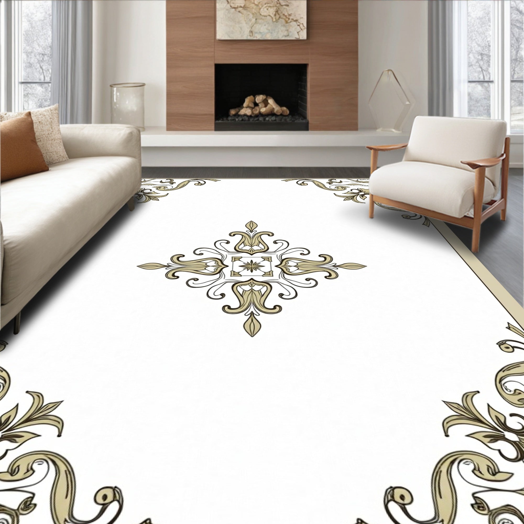 Golden Baroque Floral Scroll Pattern Rug