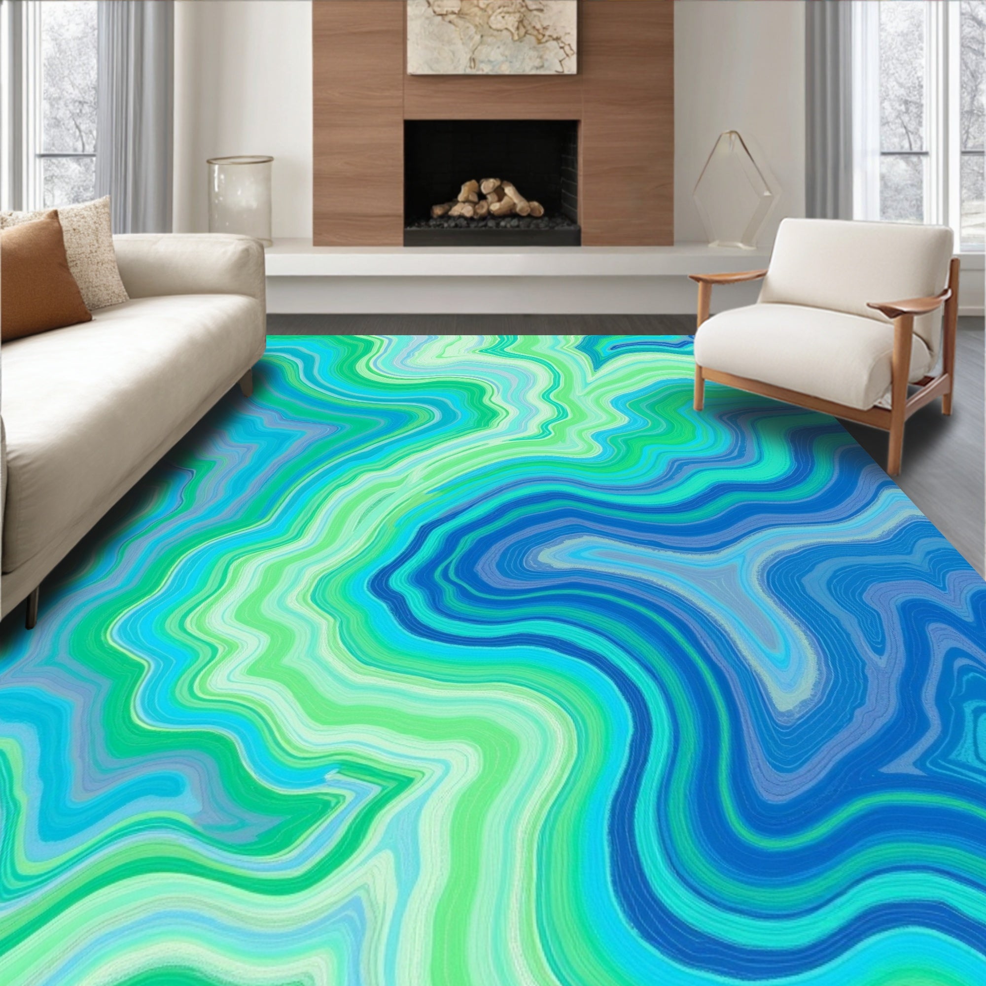 Abstract Wavy Blue Green Agate Design Rug
