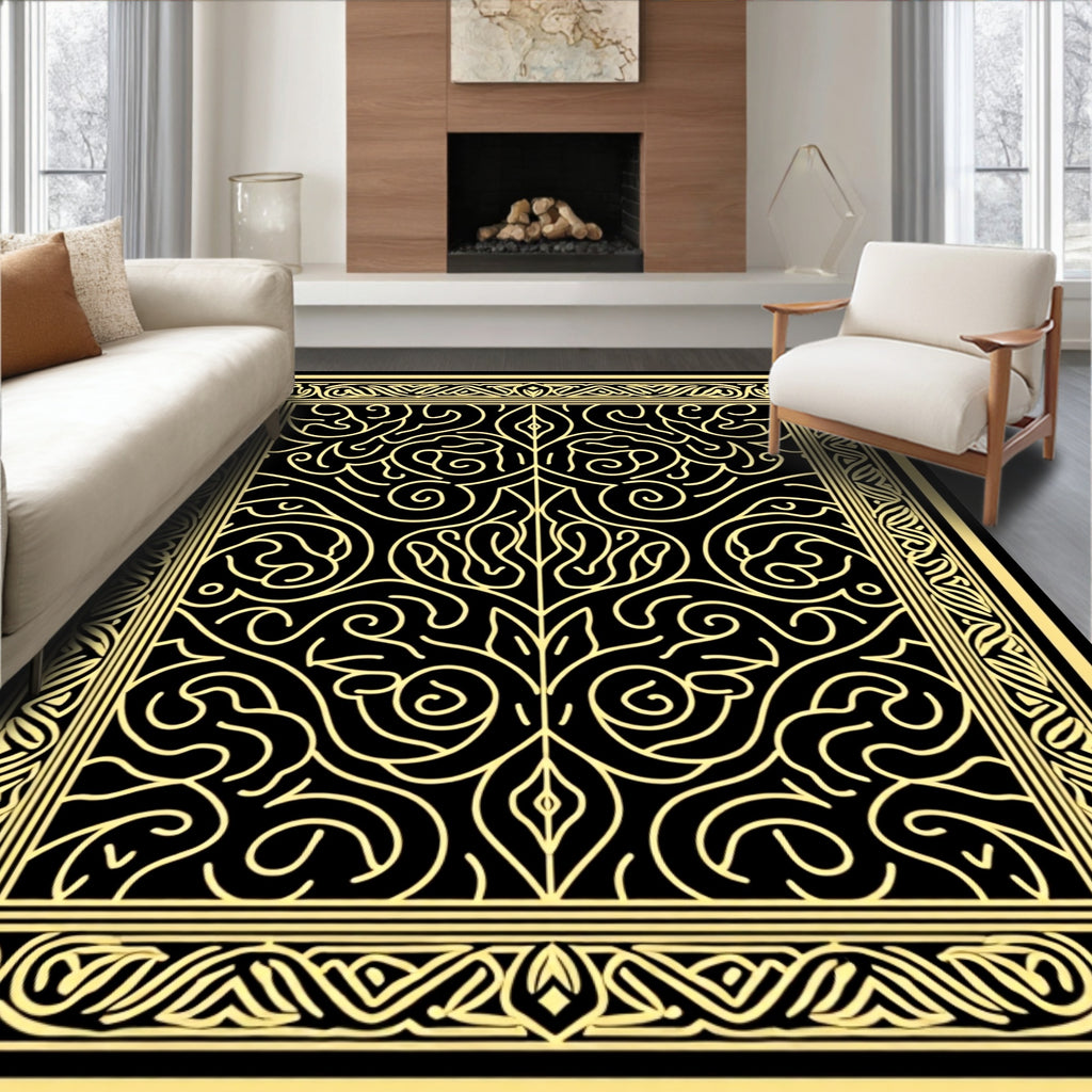 Intricate Black and Gold Floral Scroll Rug