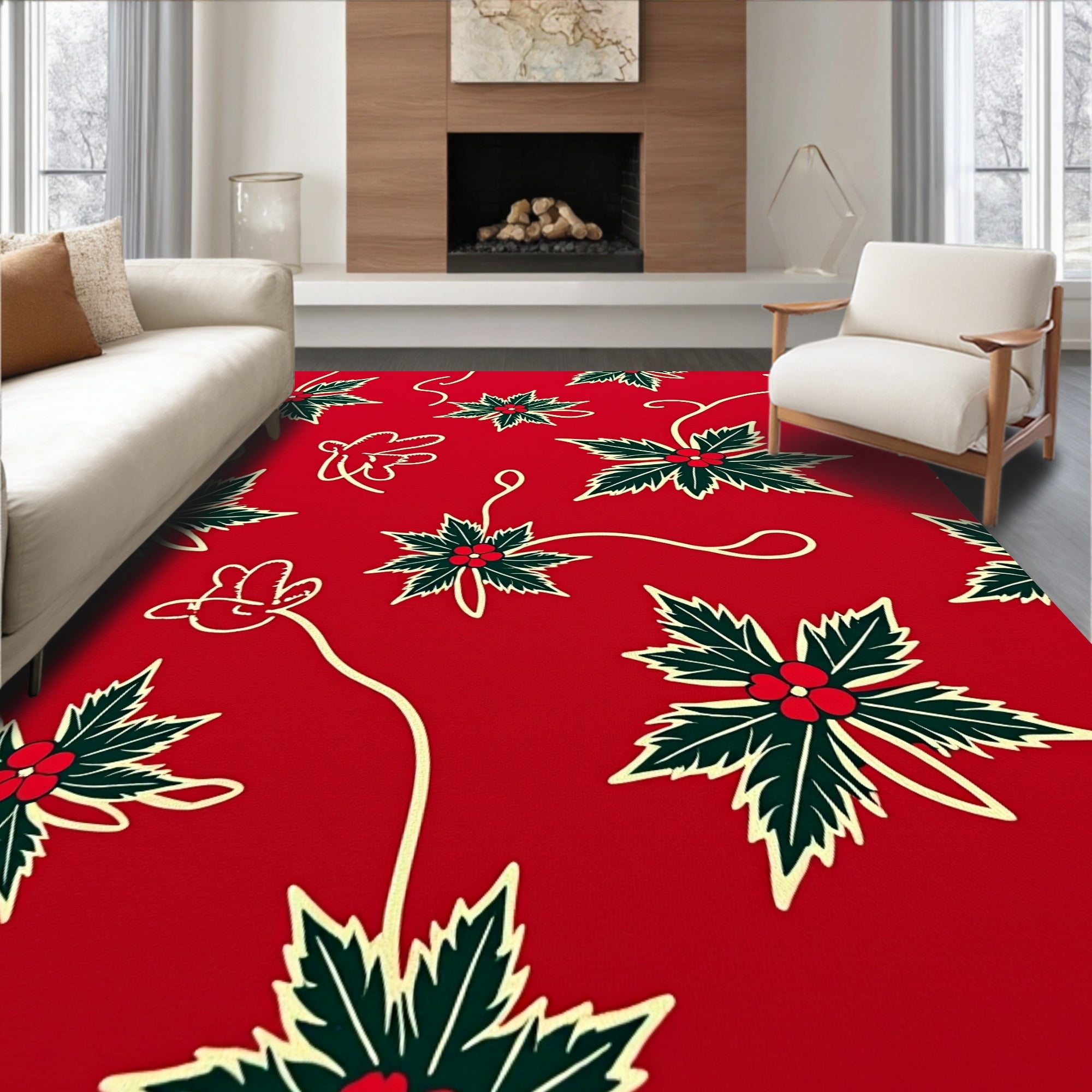 Red Holly Festive Pattern Design Rug