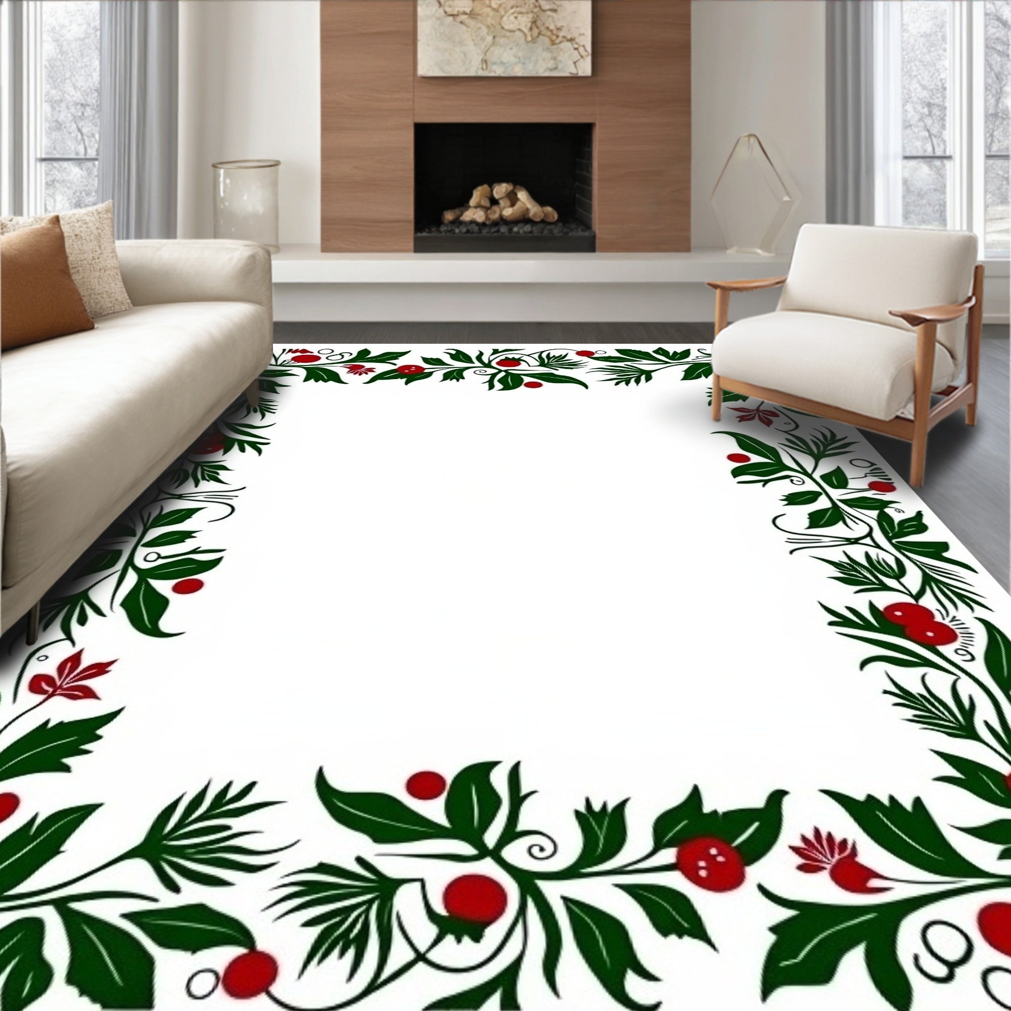 Botanical Red Berry Vine Pattern Rug