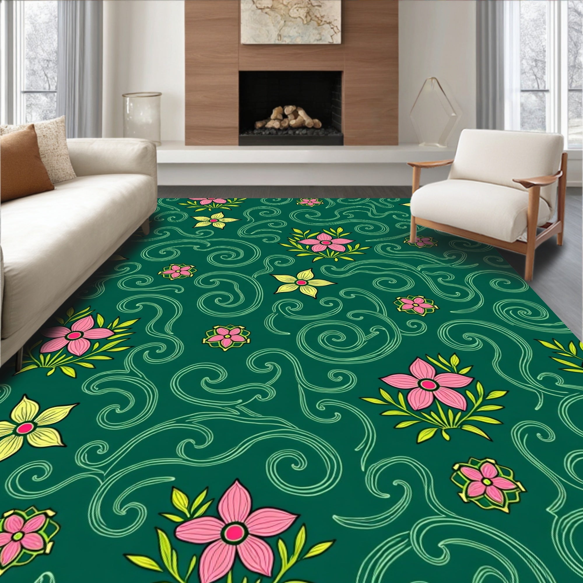 Emerald Floral Swirl Garden Rug