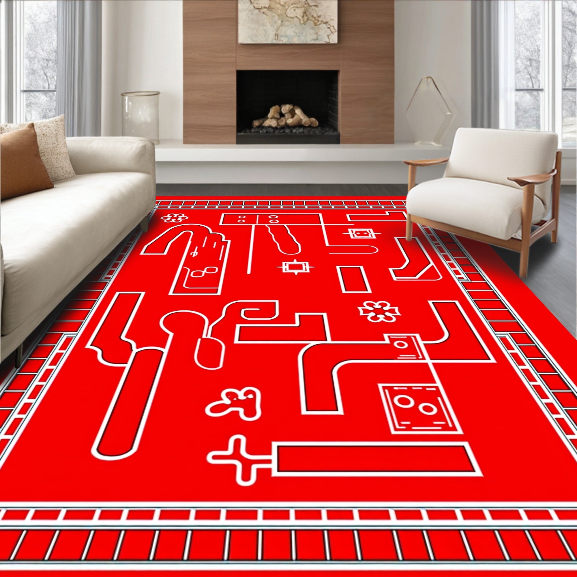 Abstract Red White Geometric Design Rug