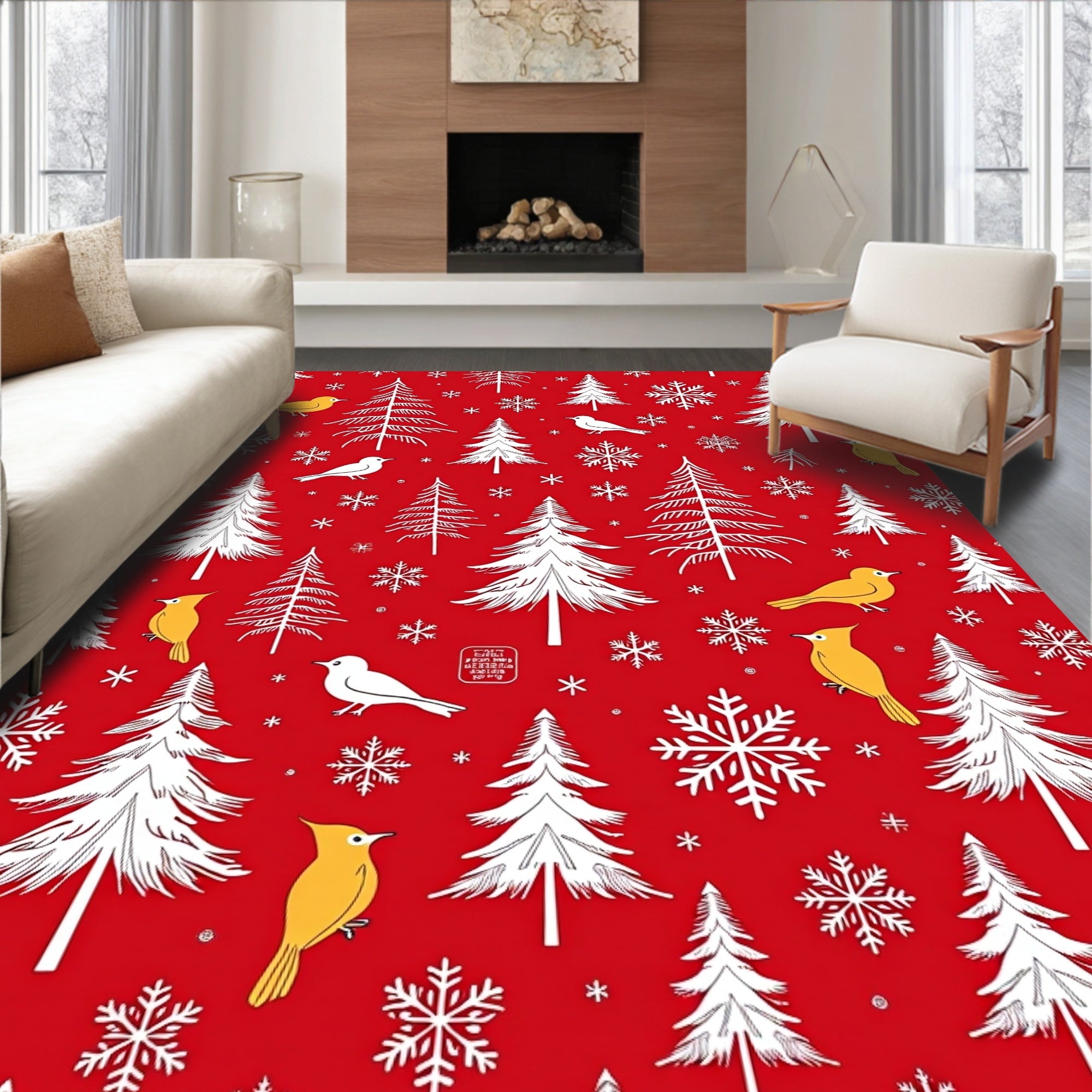 Winter Forest Birds Snowflakes Pattern Rug
