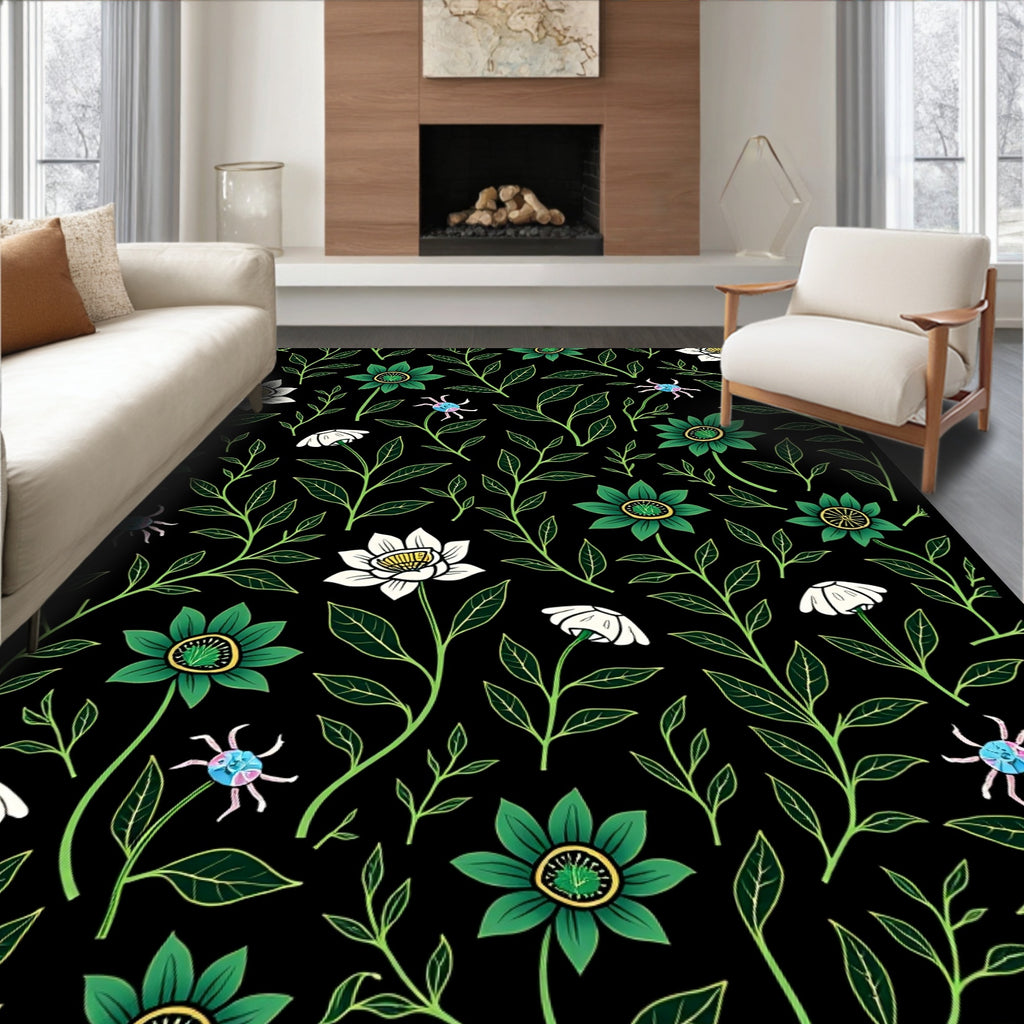 Emerald Bloom and White Flower Garden Rug