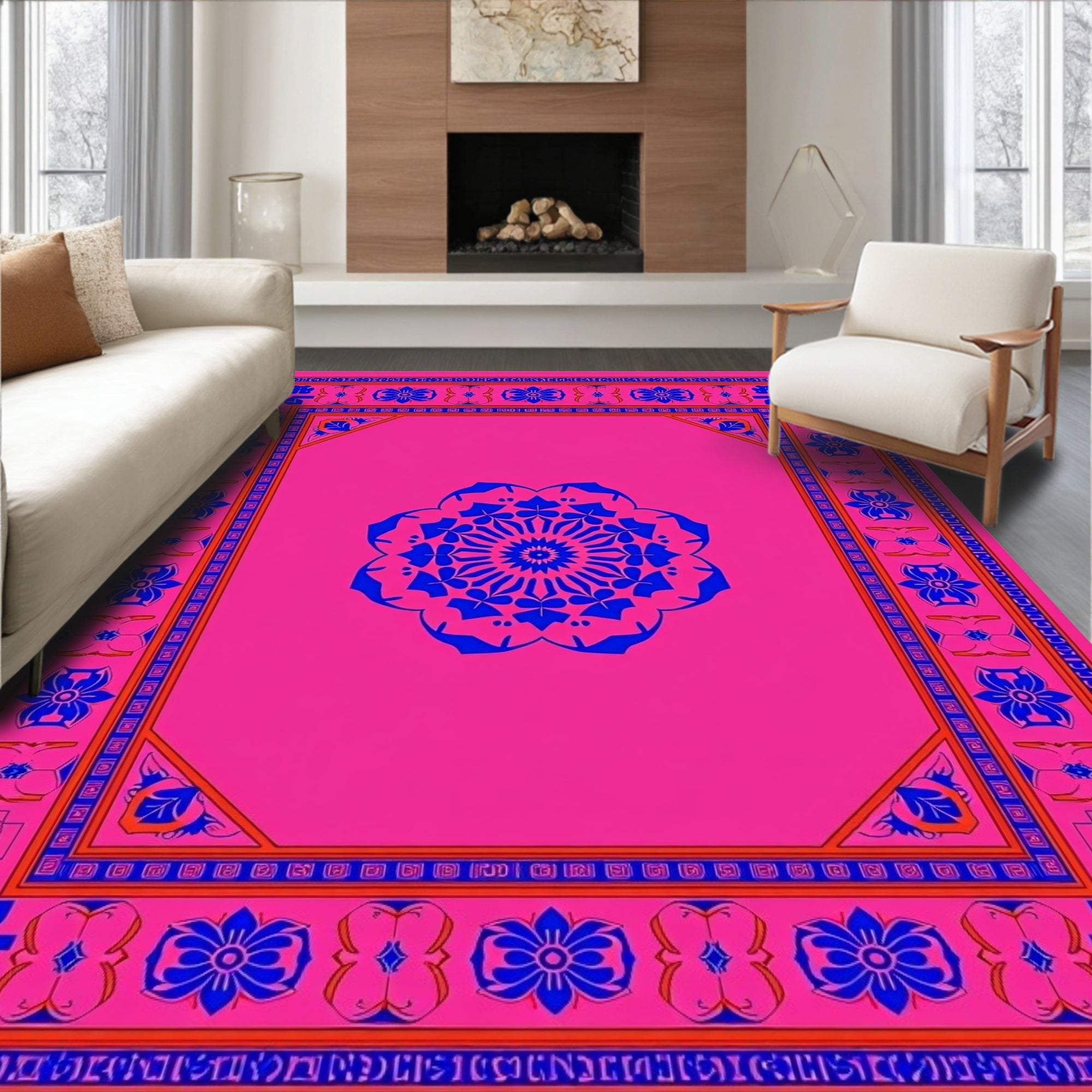 Vibrant Mandala Floral Pattern Bordered Rug