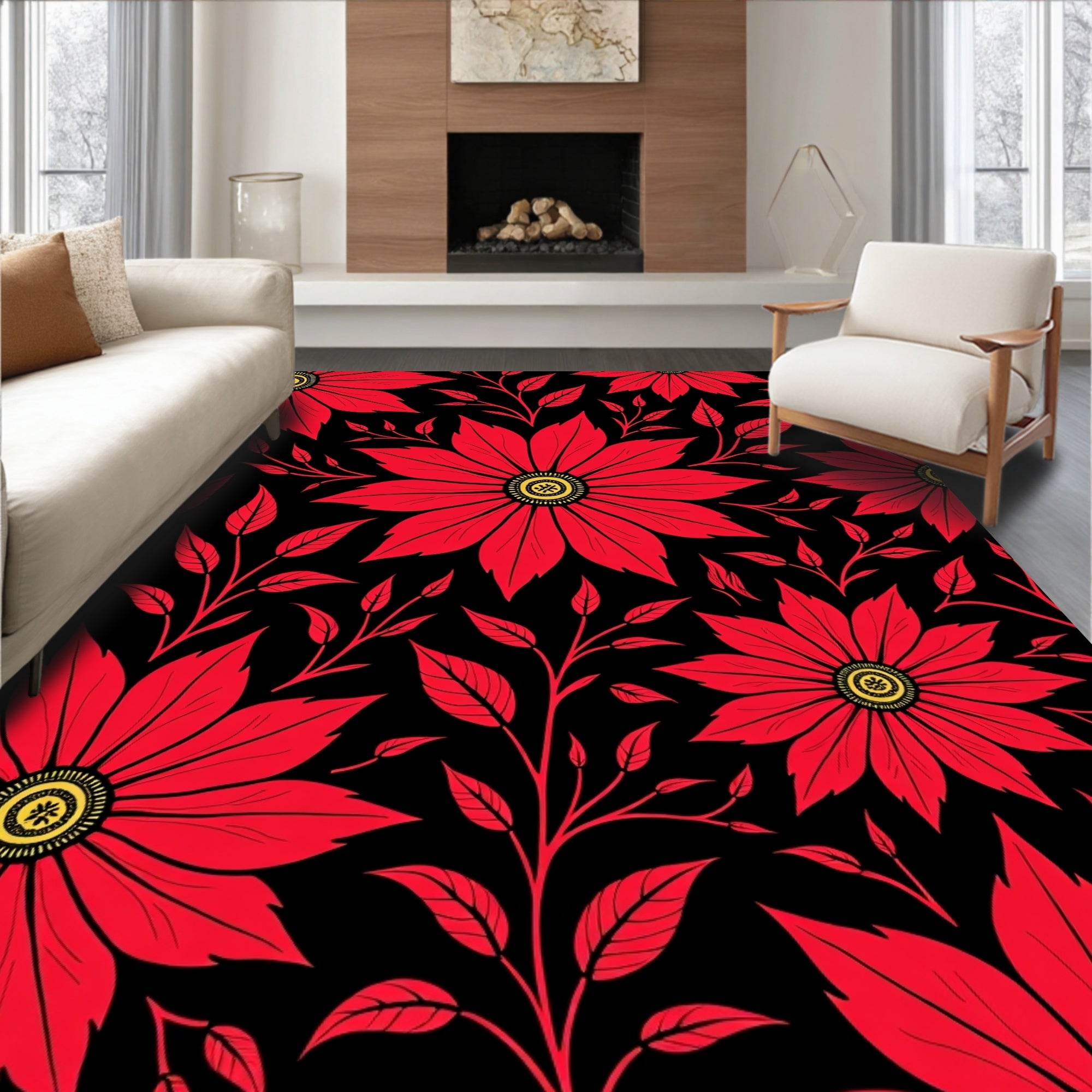 Bold Red Floral Vine Pattern Rug