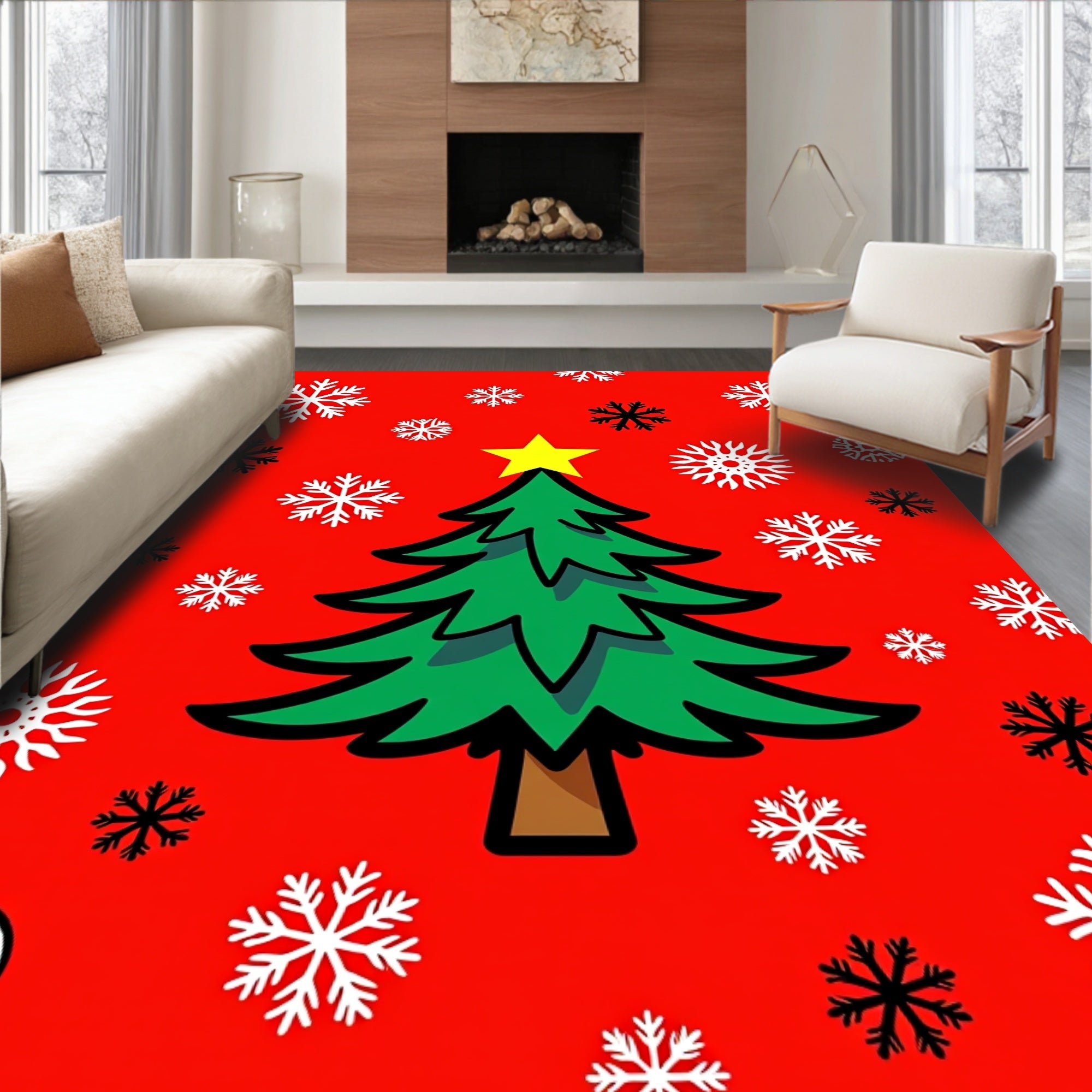Festive Tree Snowflake Pattern Rug