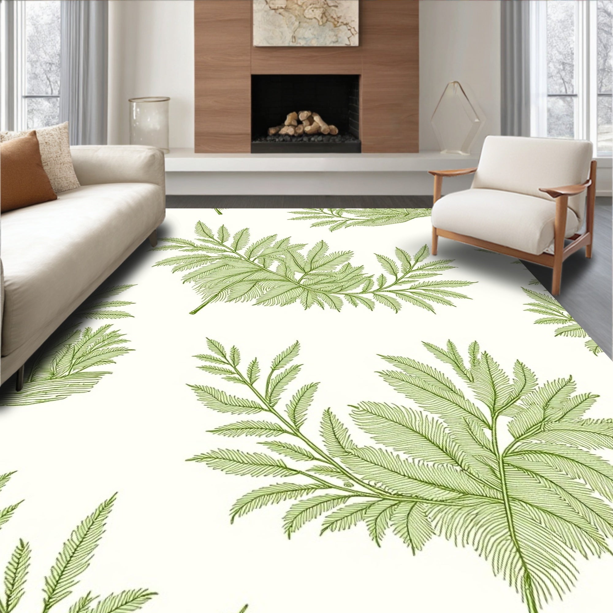 Green Botanical Fern Pattern Rug