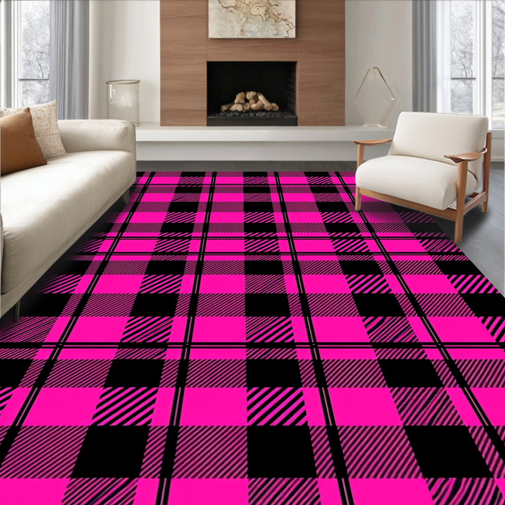 Bright Pink Black Plaid Checkered Rug