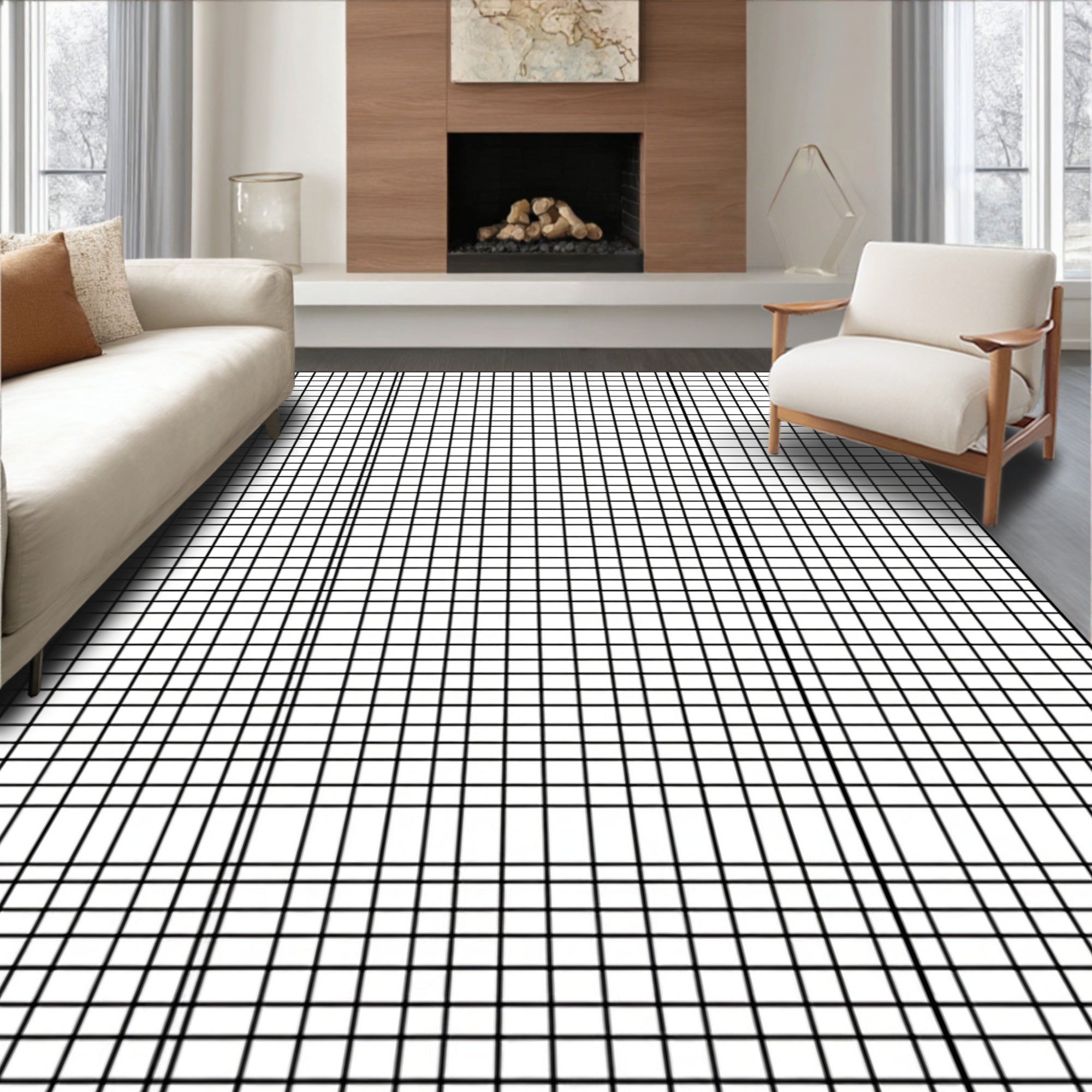Abstract Black White Grid Design Rug