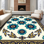 Floral Patterned Navy Teal Yellow Rug