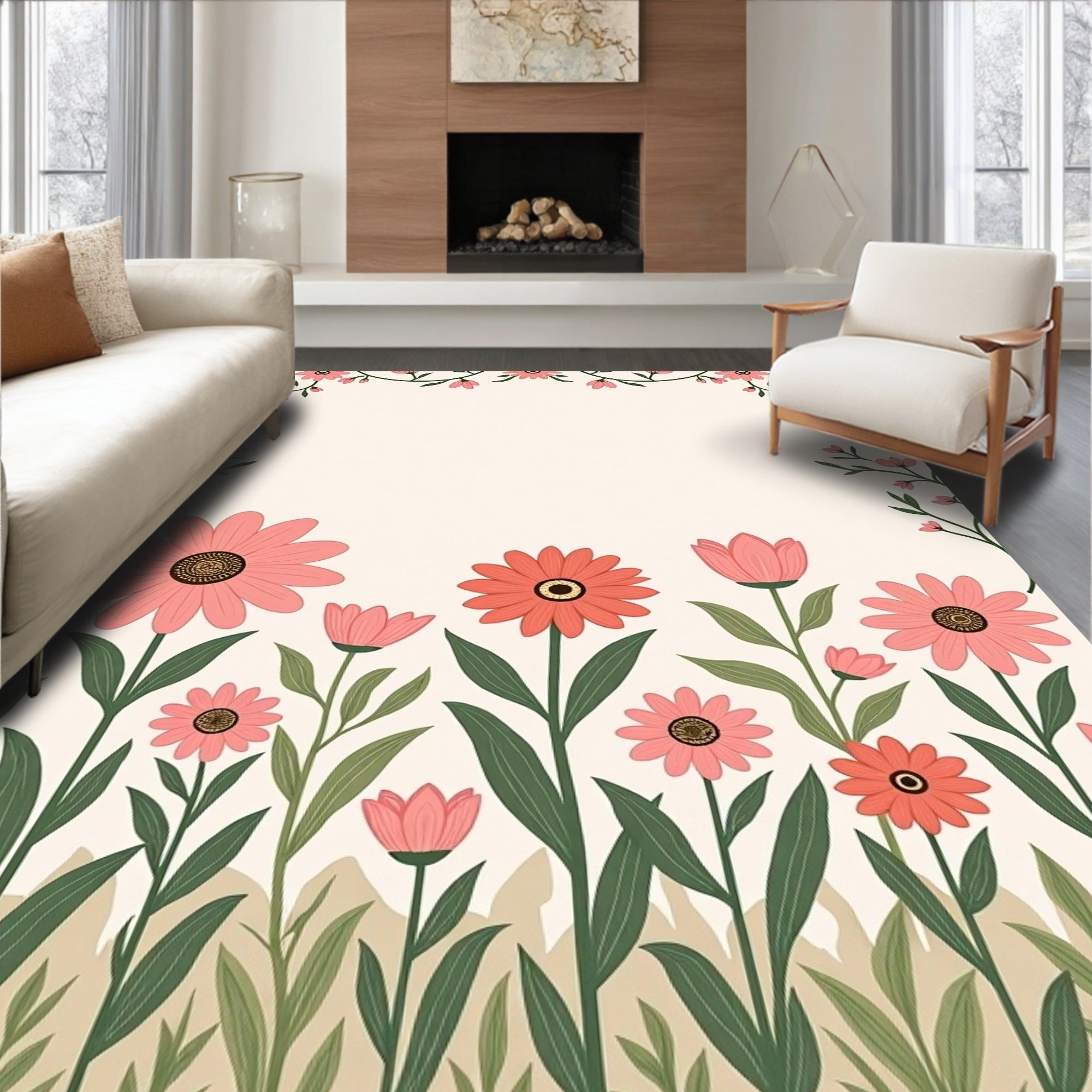 Pink Floral Garden Pattern Rug
