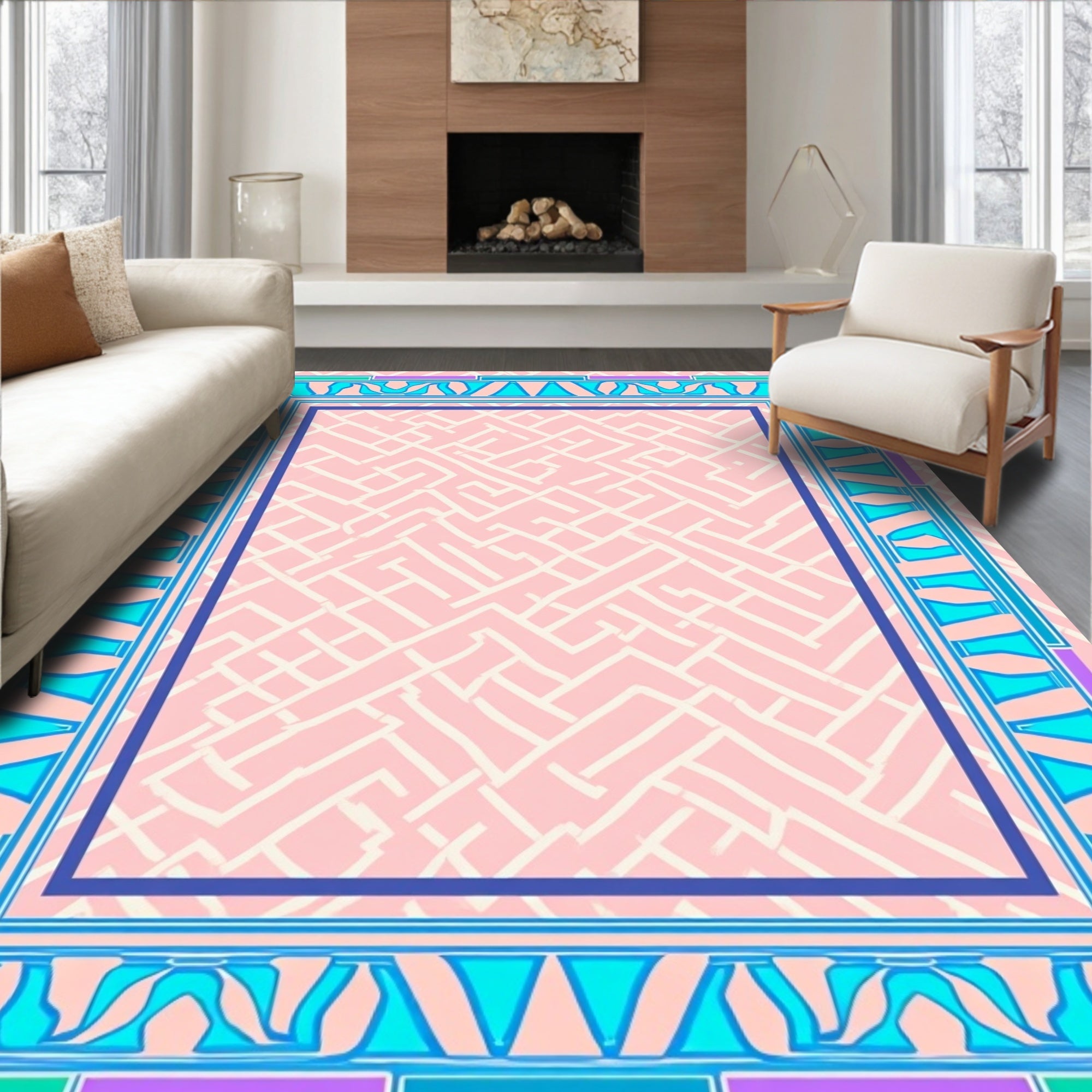 Abstract Maze Pattern with Geometric Border Rug