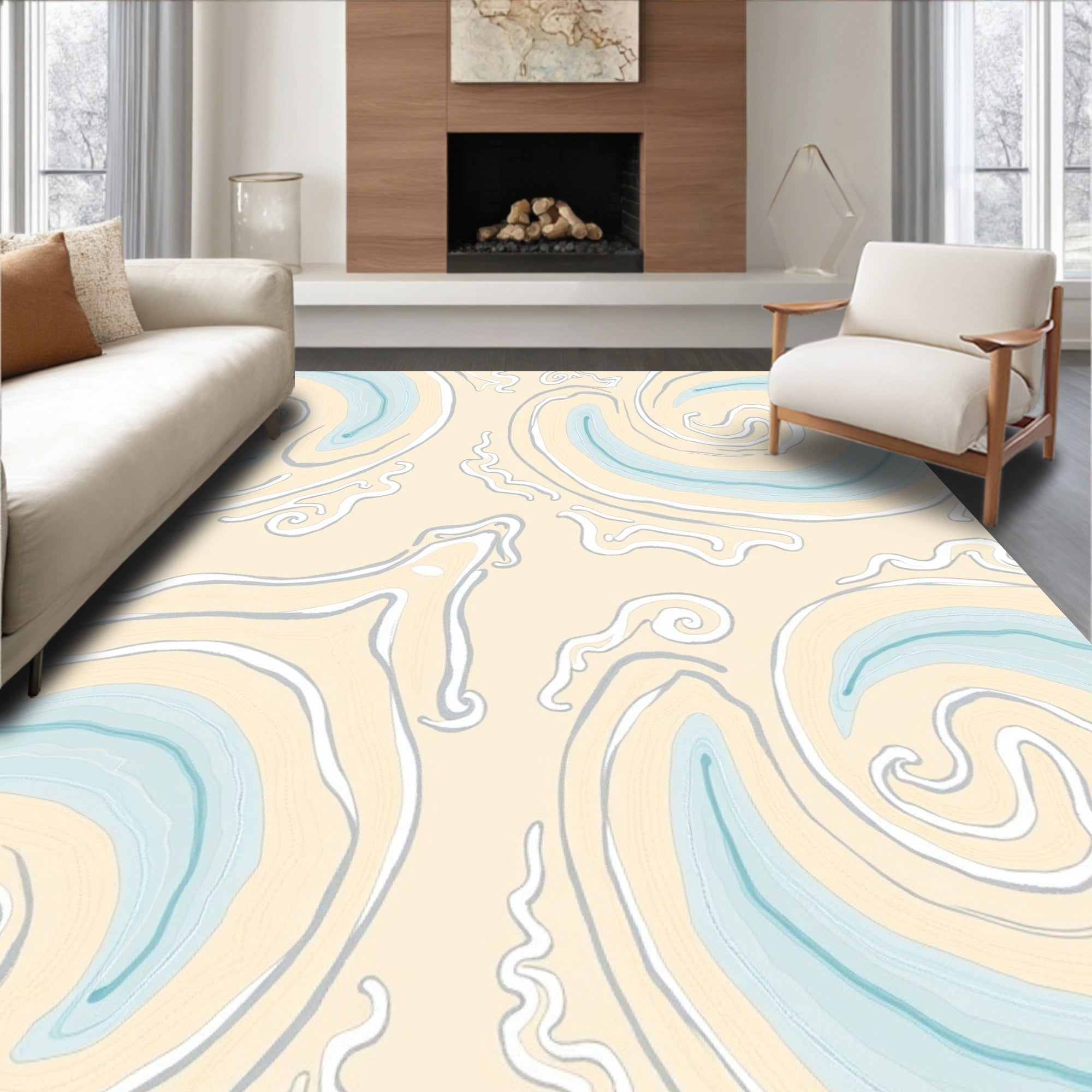 Abstract Swirl Cream Aqua Pattern Rug