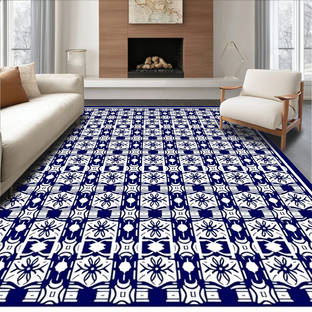 Classic Blue White Floral Pattern Rug