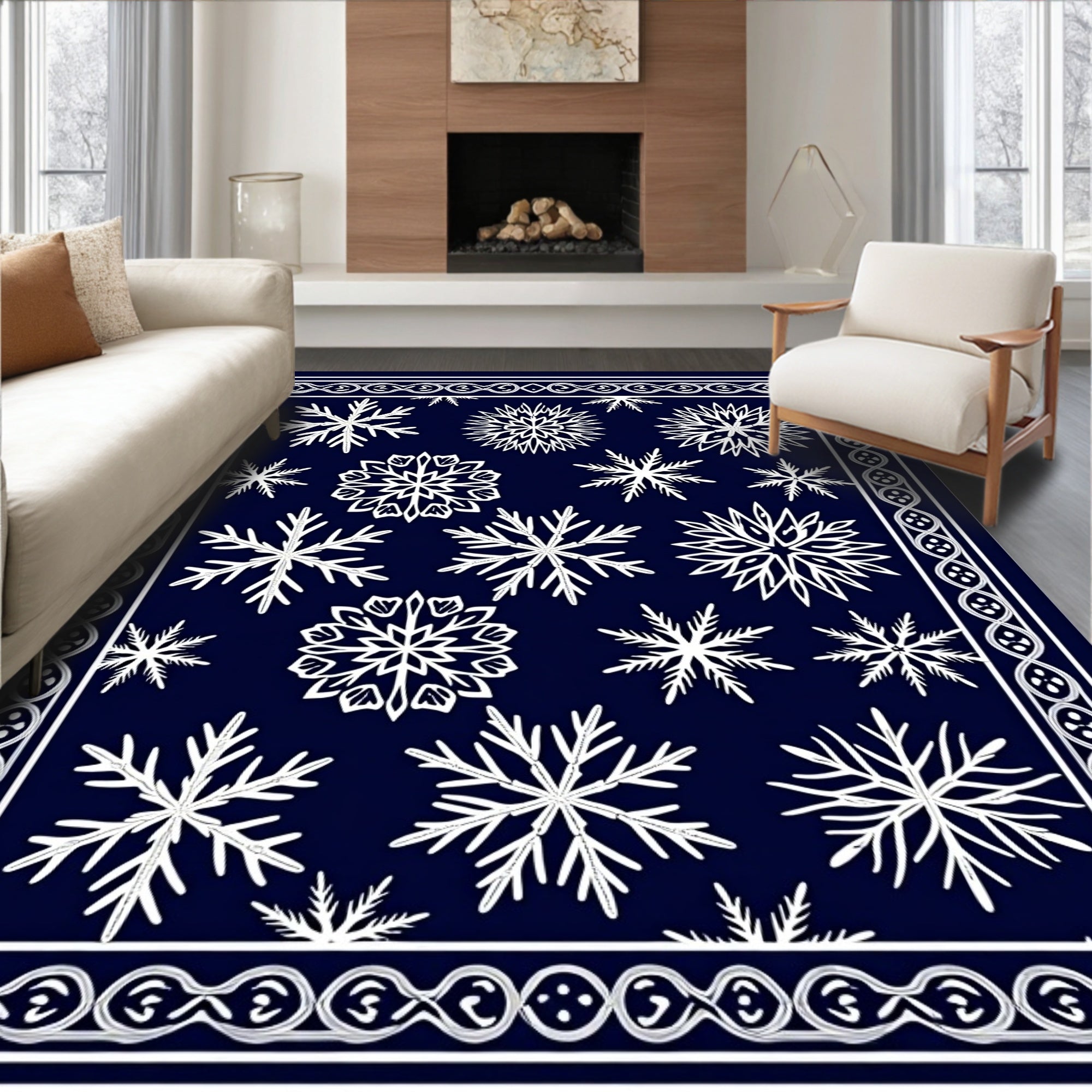 Deep Blue Snowflake Winter Celebration Rug