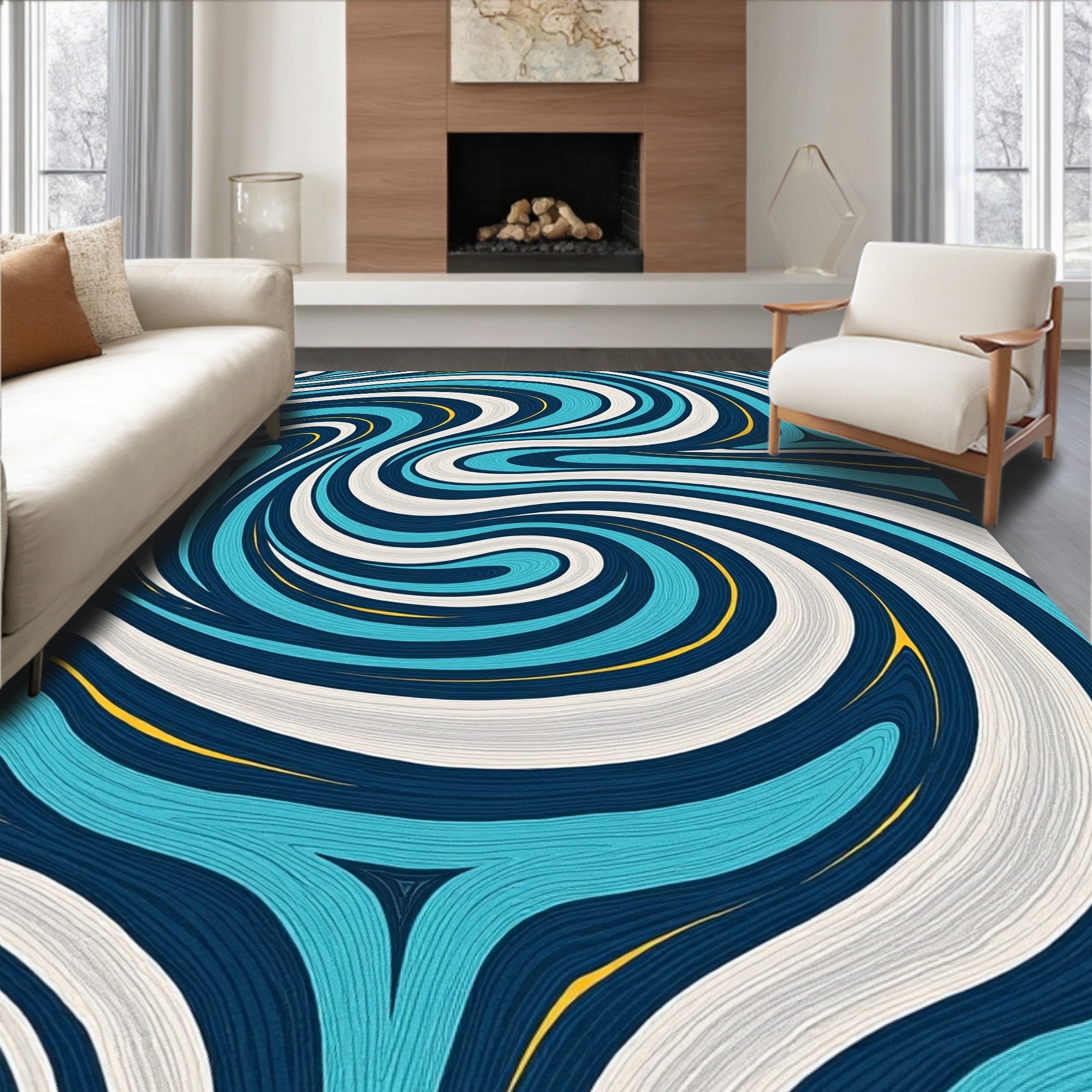 Swirling Blue White Yellow Wave Pattern Rug
