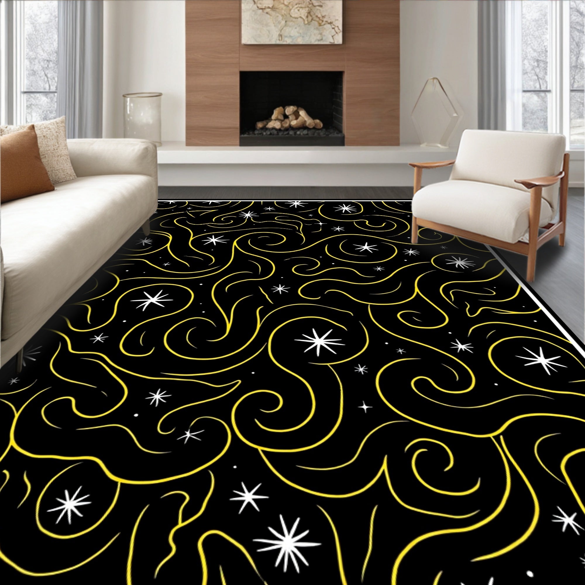 Black Yellow Swirling Starry Night Rug