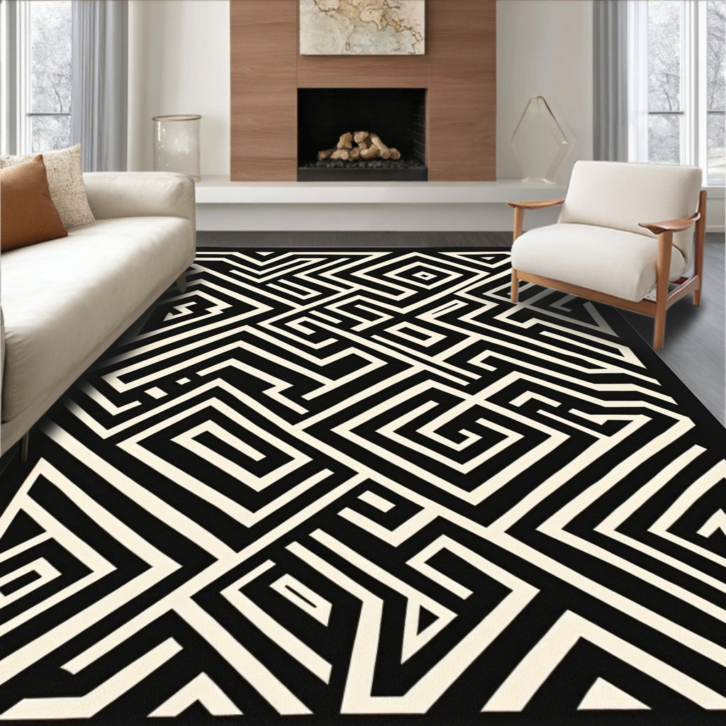 Bold Black White Geometric Maze Rug