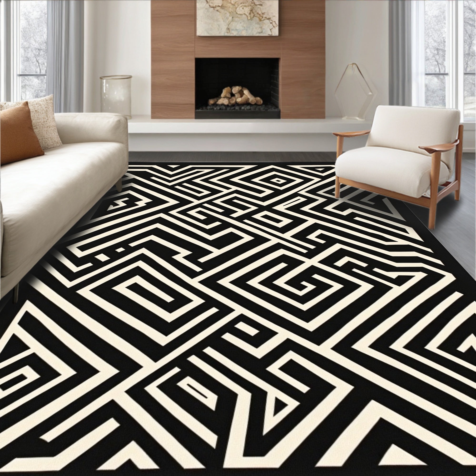 Bold Black White Geometric Maze Rug
