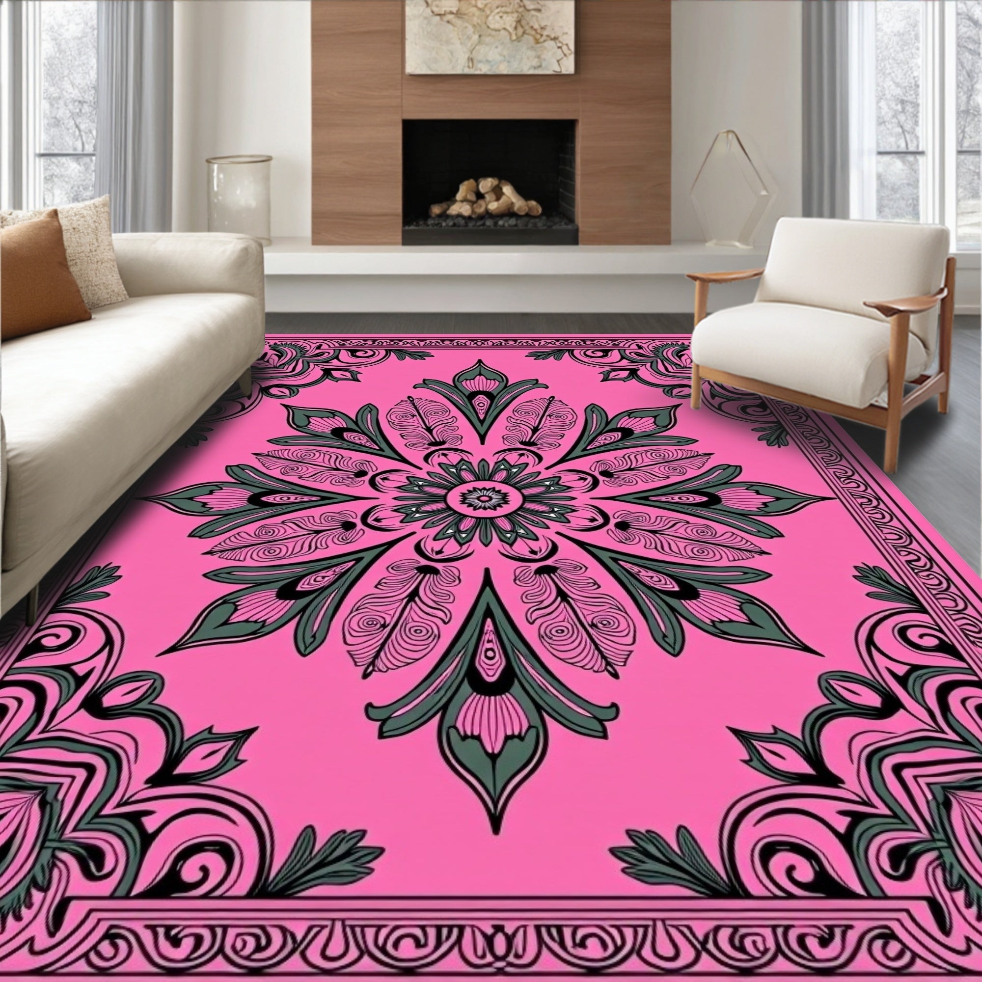 Pink Floral Mandala Design Rug