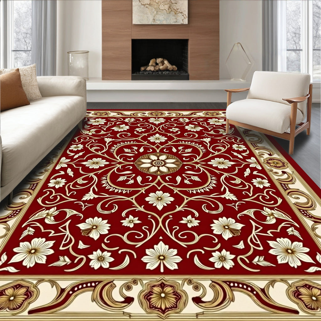 Red Floral Swirls with Golden Accents Rug