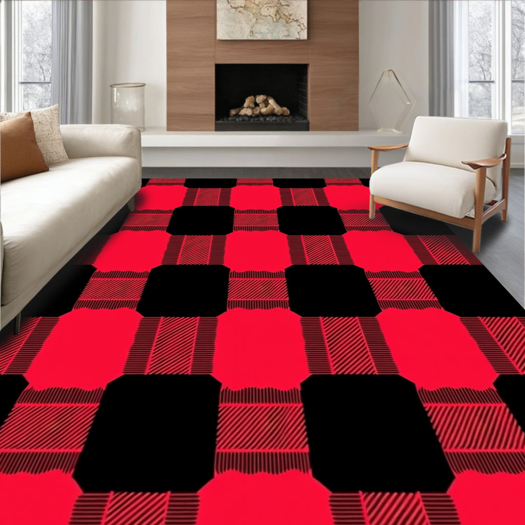 Classic Red Black Plaid Pattern Rug
