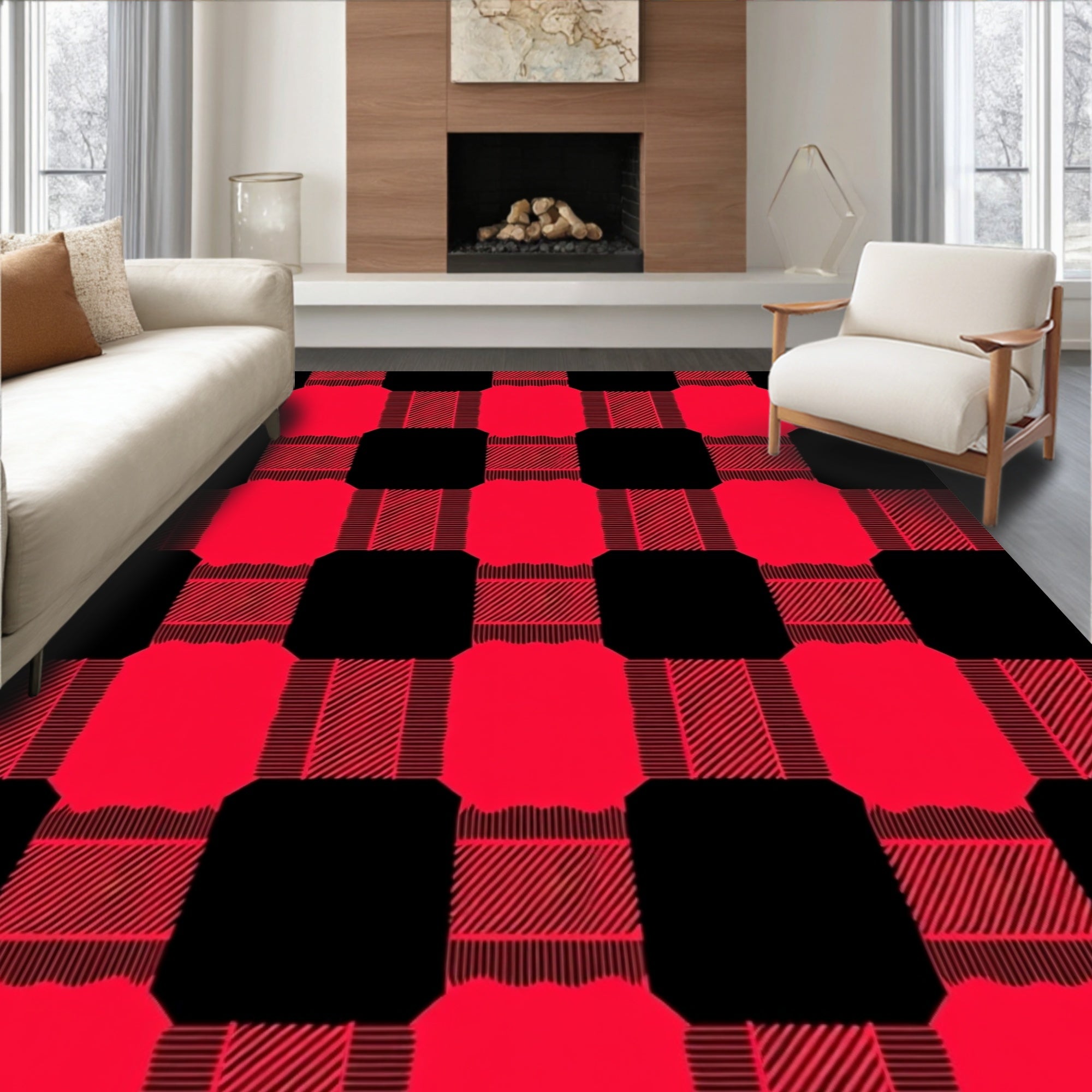Classic Red Black Plaid Pattern Rug