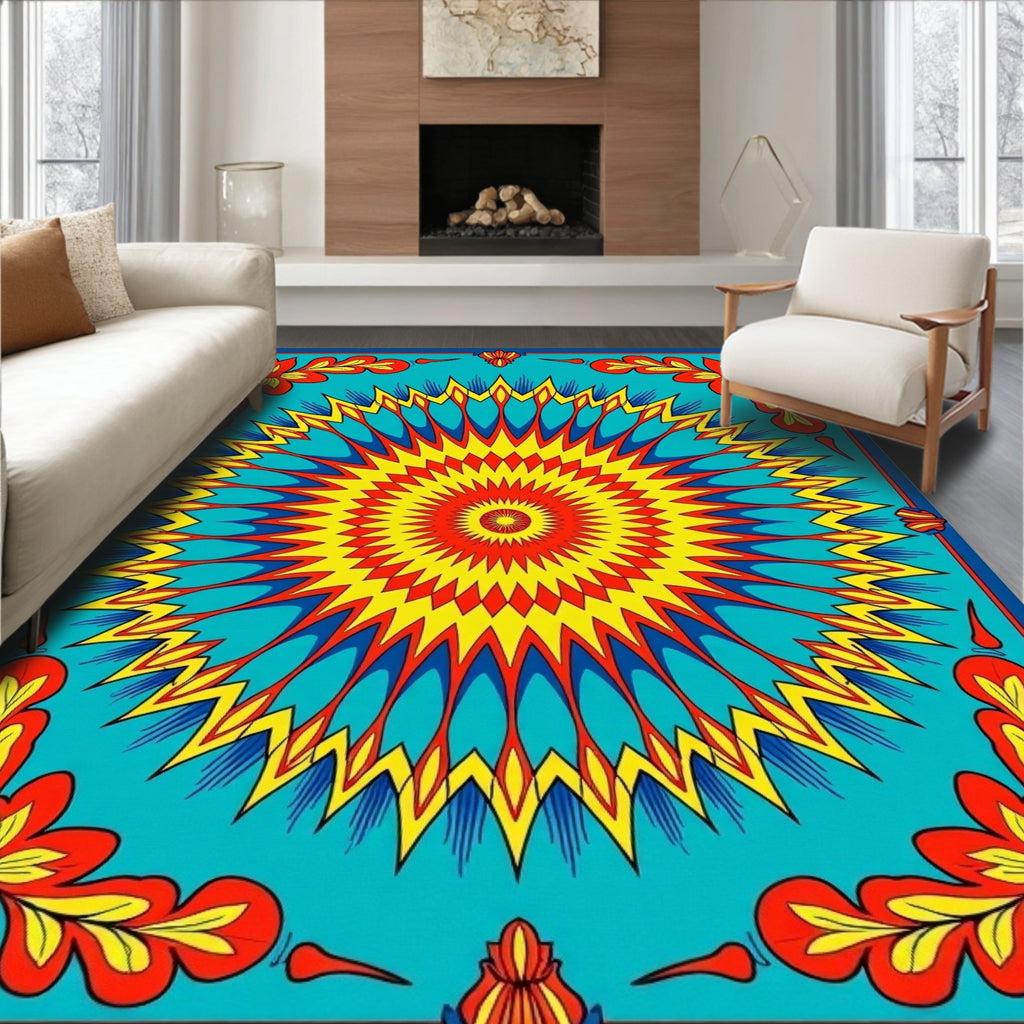Vibrant Sunburst Floral Mandala Rug