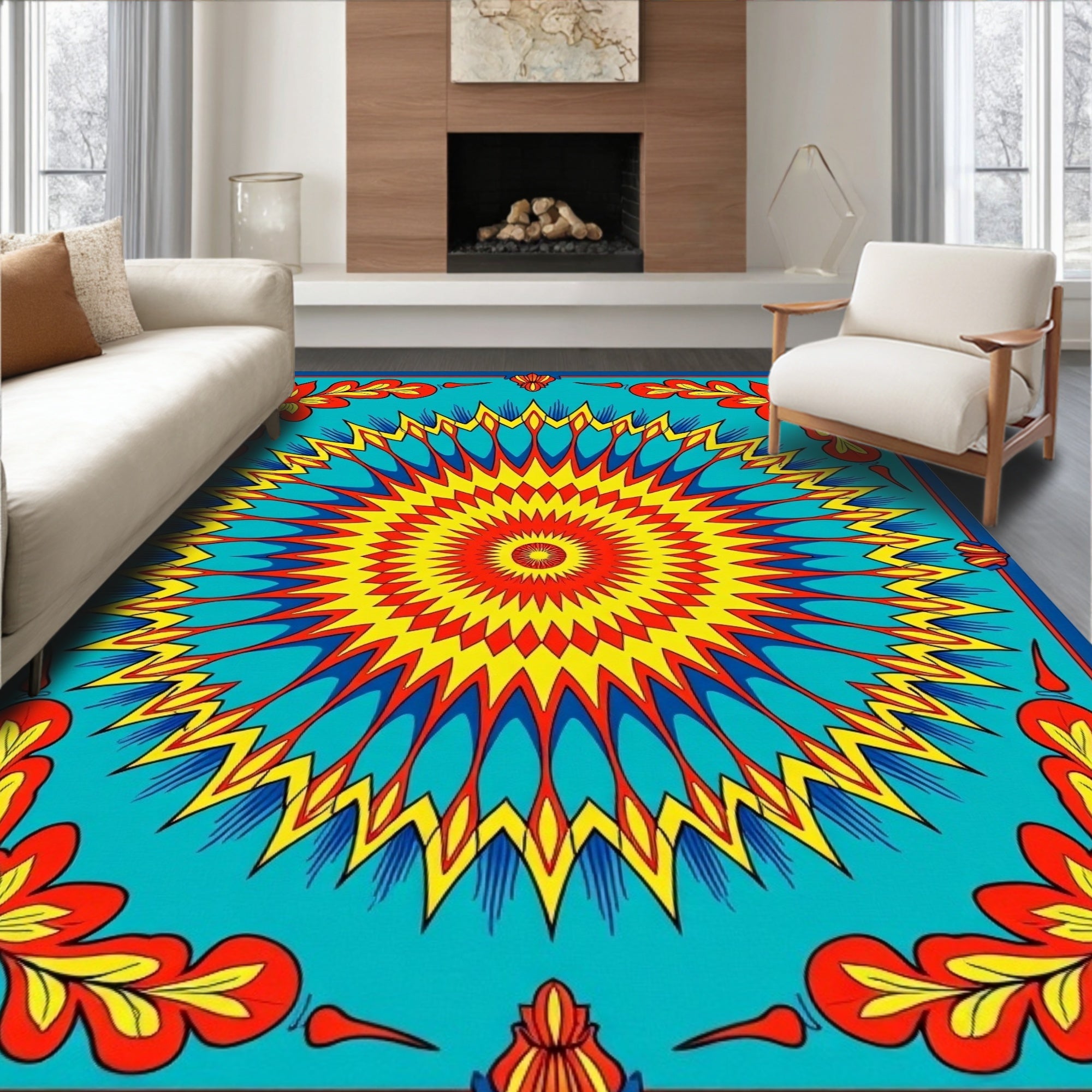 Vibrant Sunburst Floral Mandala Rug