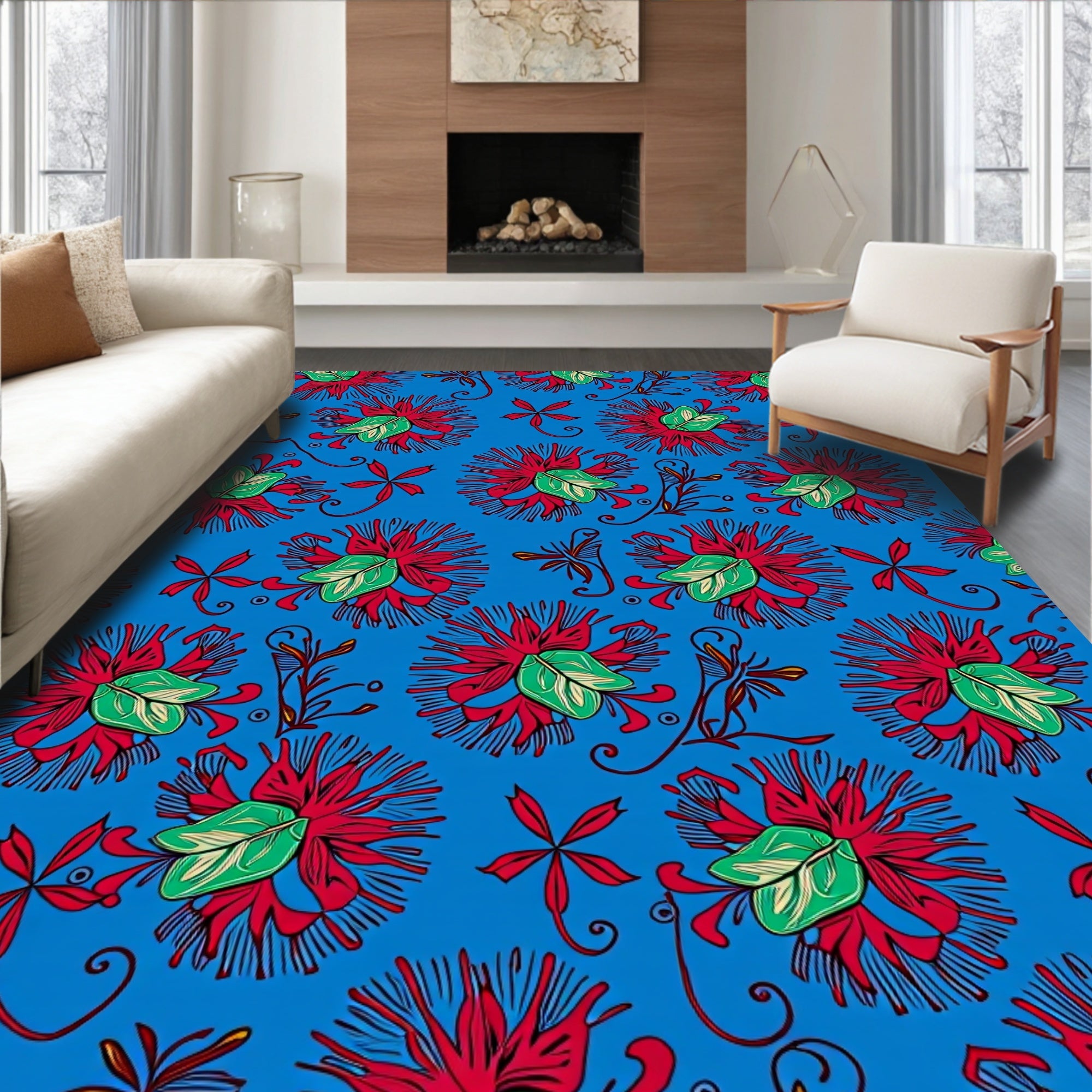 Red Passion Flower Blue Pattern Rug