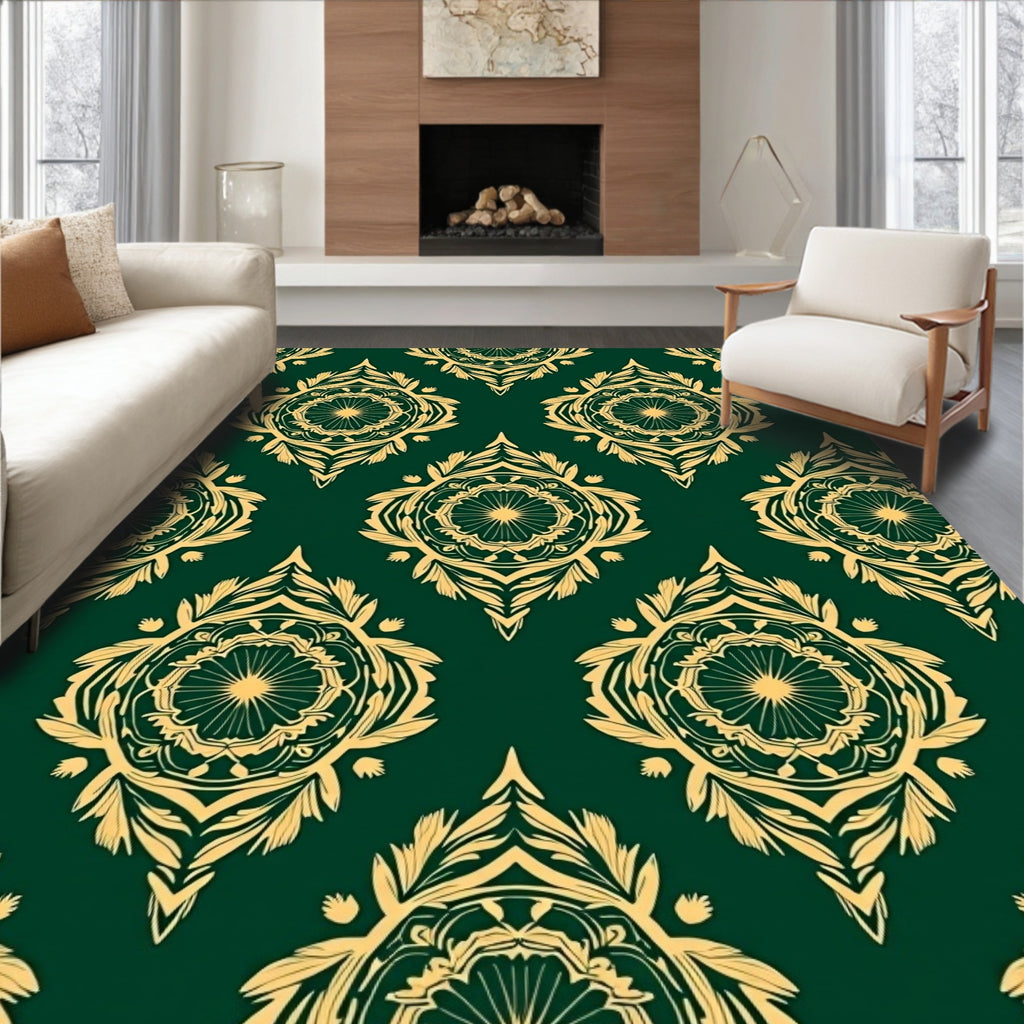 Ornate Green Gold Mandala Pattern Rug