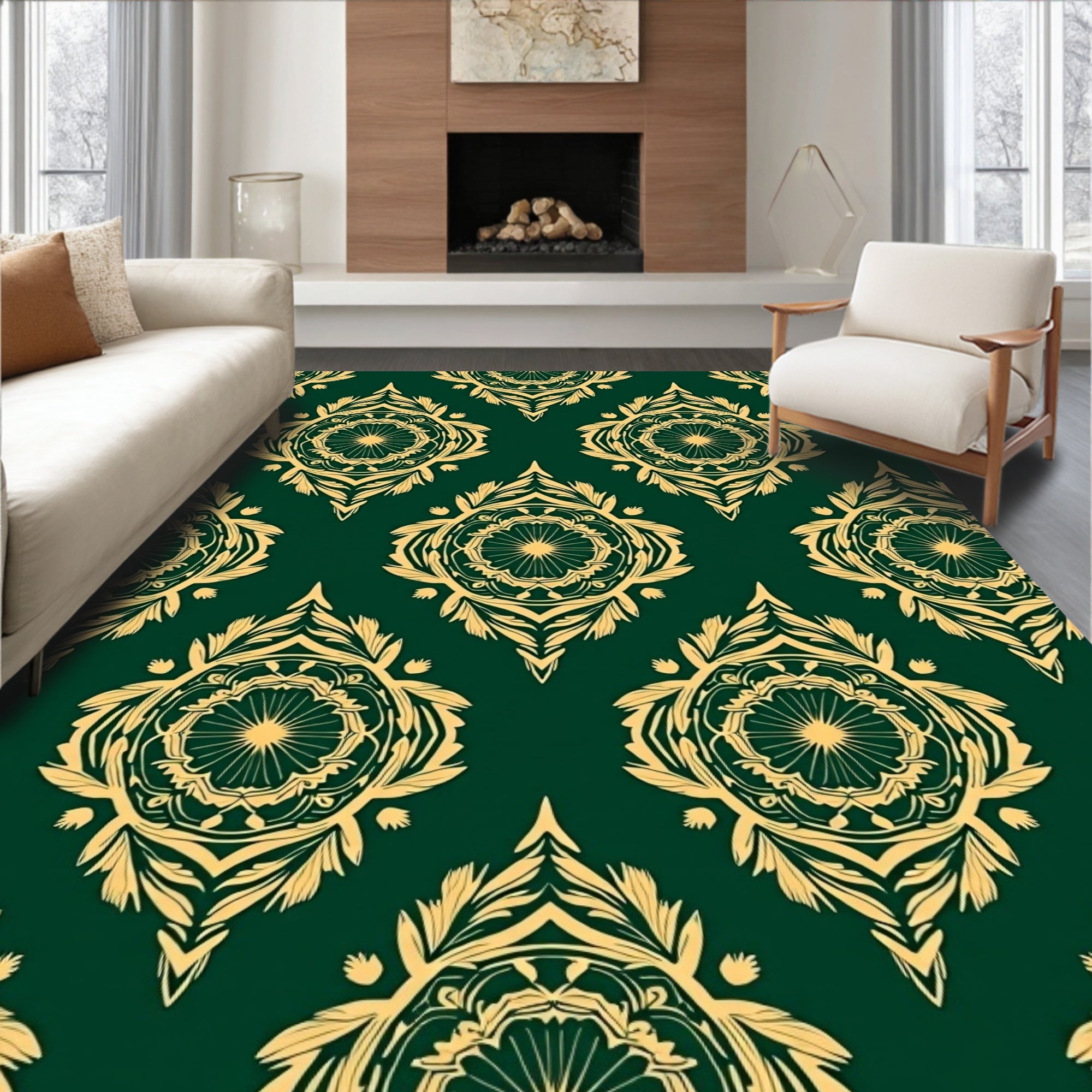 Ornate Green Gold Mandala Pattern Rug