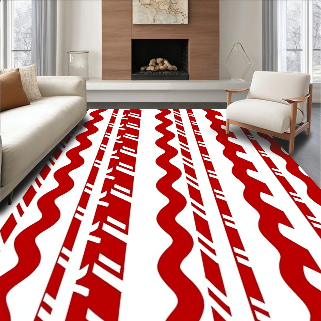 Crimson White Wavy Stripe Arrangement Rug