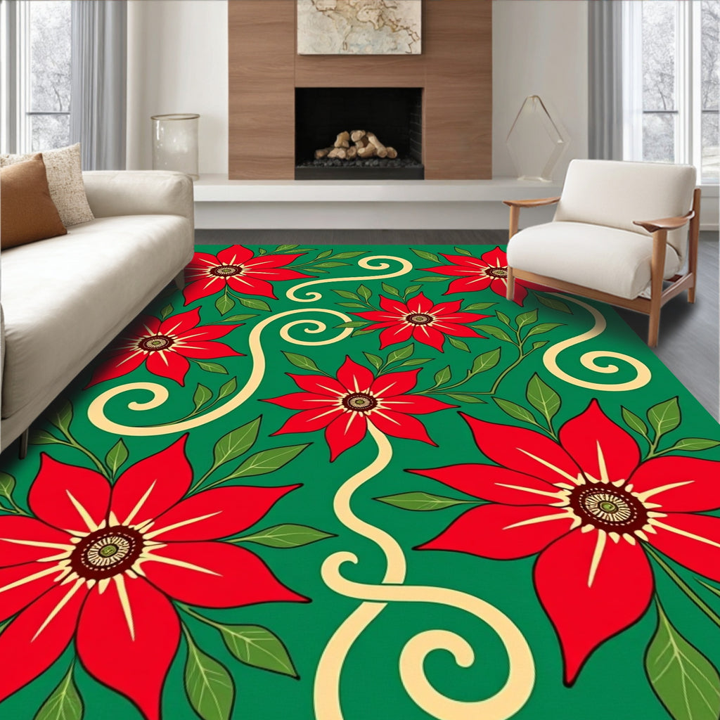 Red Floral Vines Swirl Pattern Rug