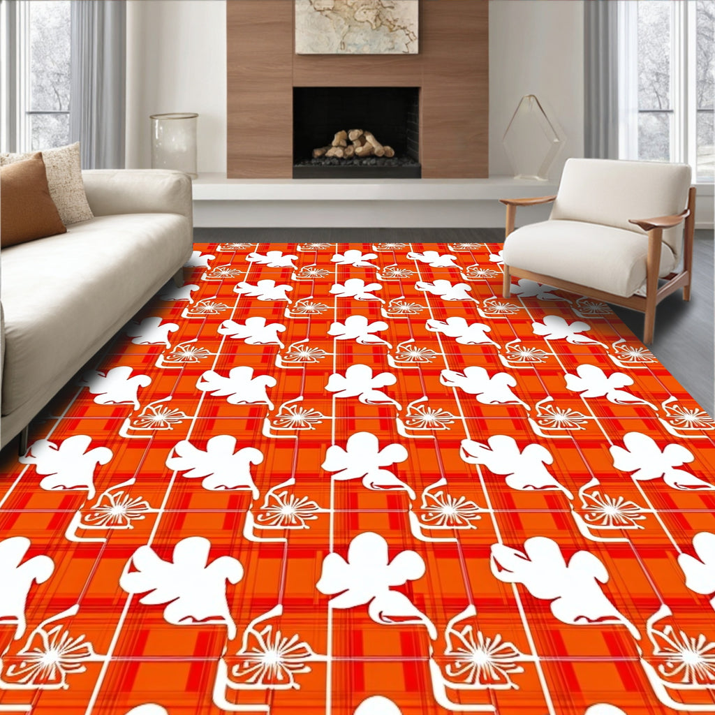 Bold Orange Red Plaid Floral Design Rug