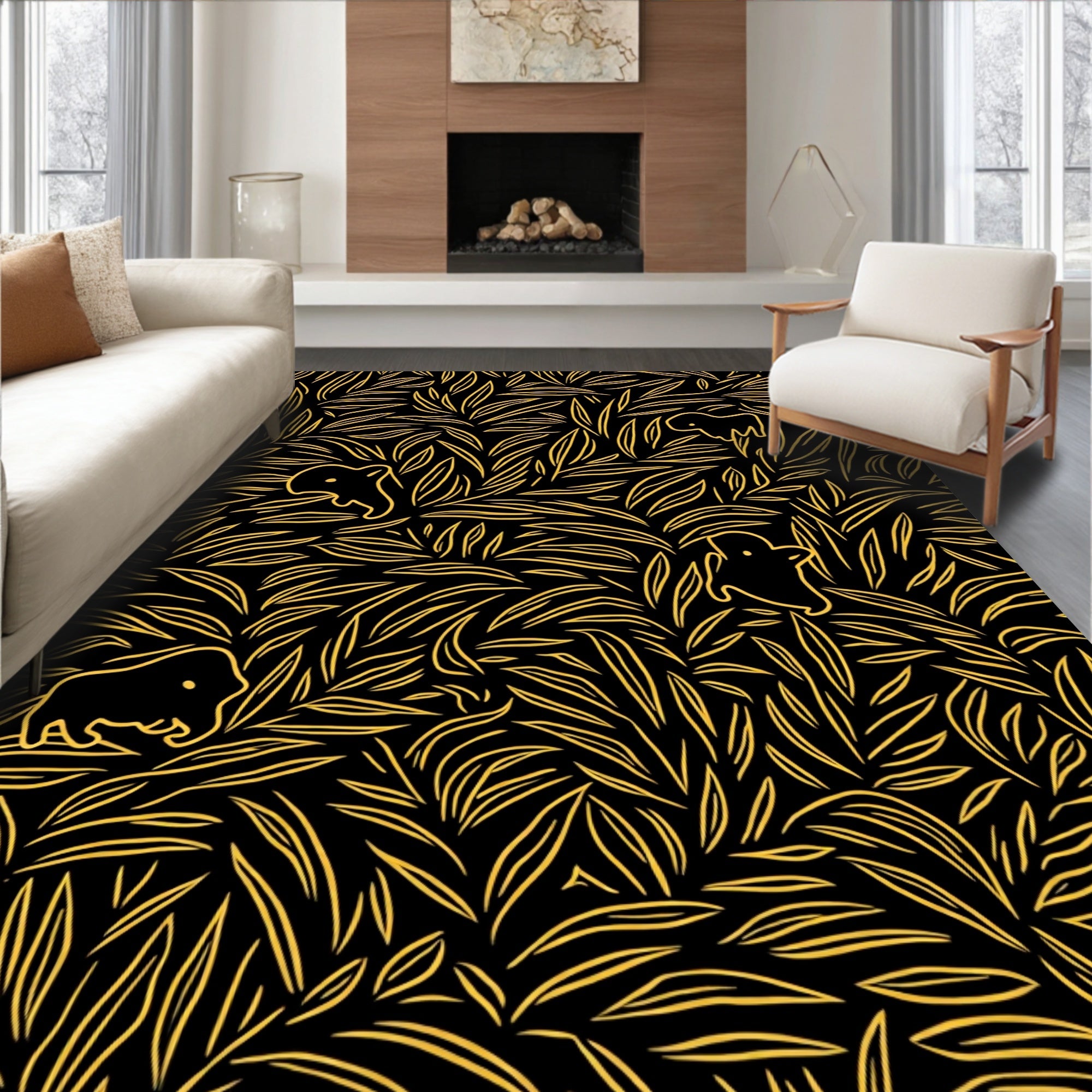 Golden Leafy Animals Pattern Rug