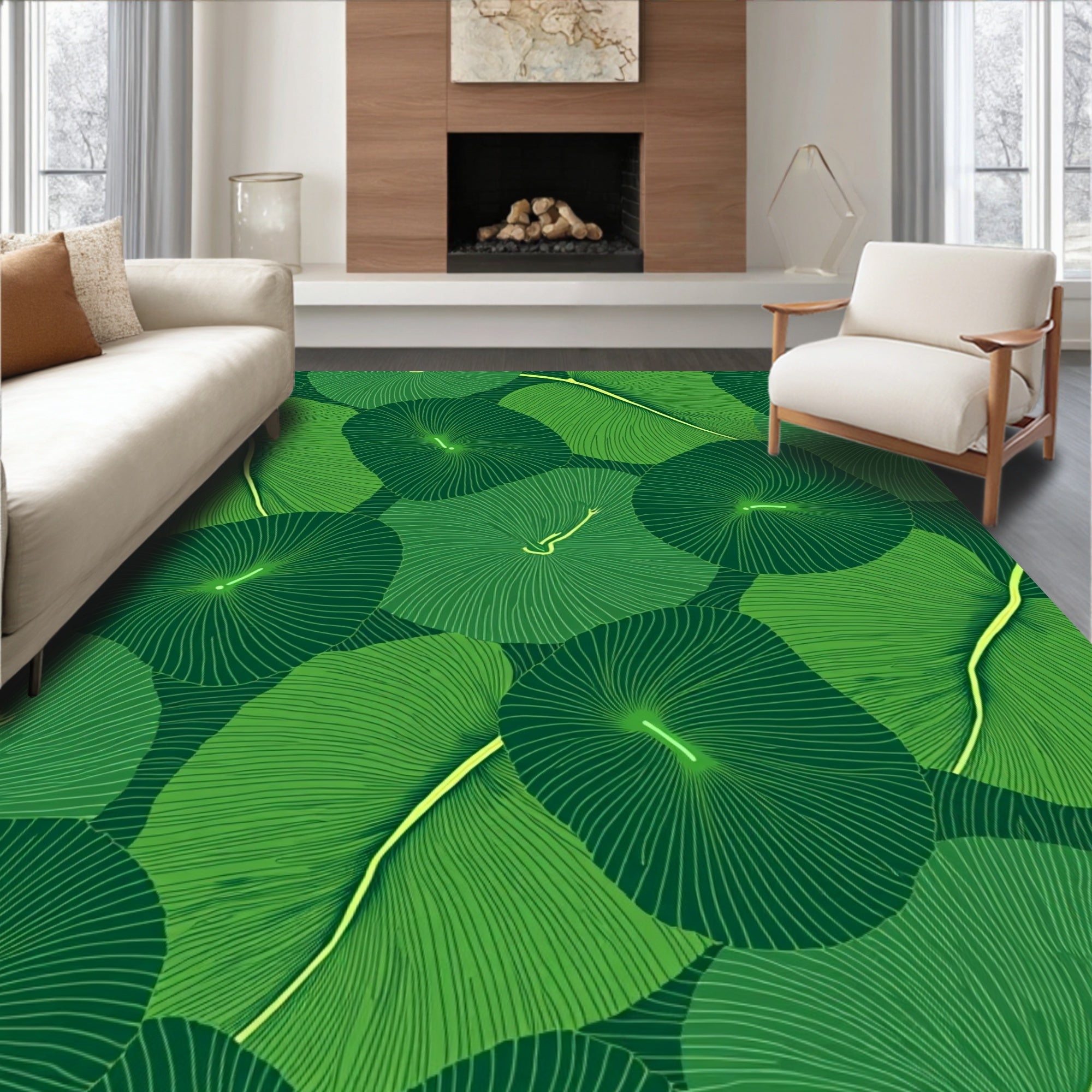 Green Leaf Outline Patterned Design Rug