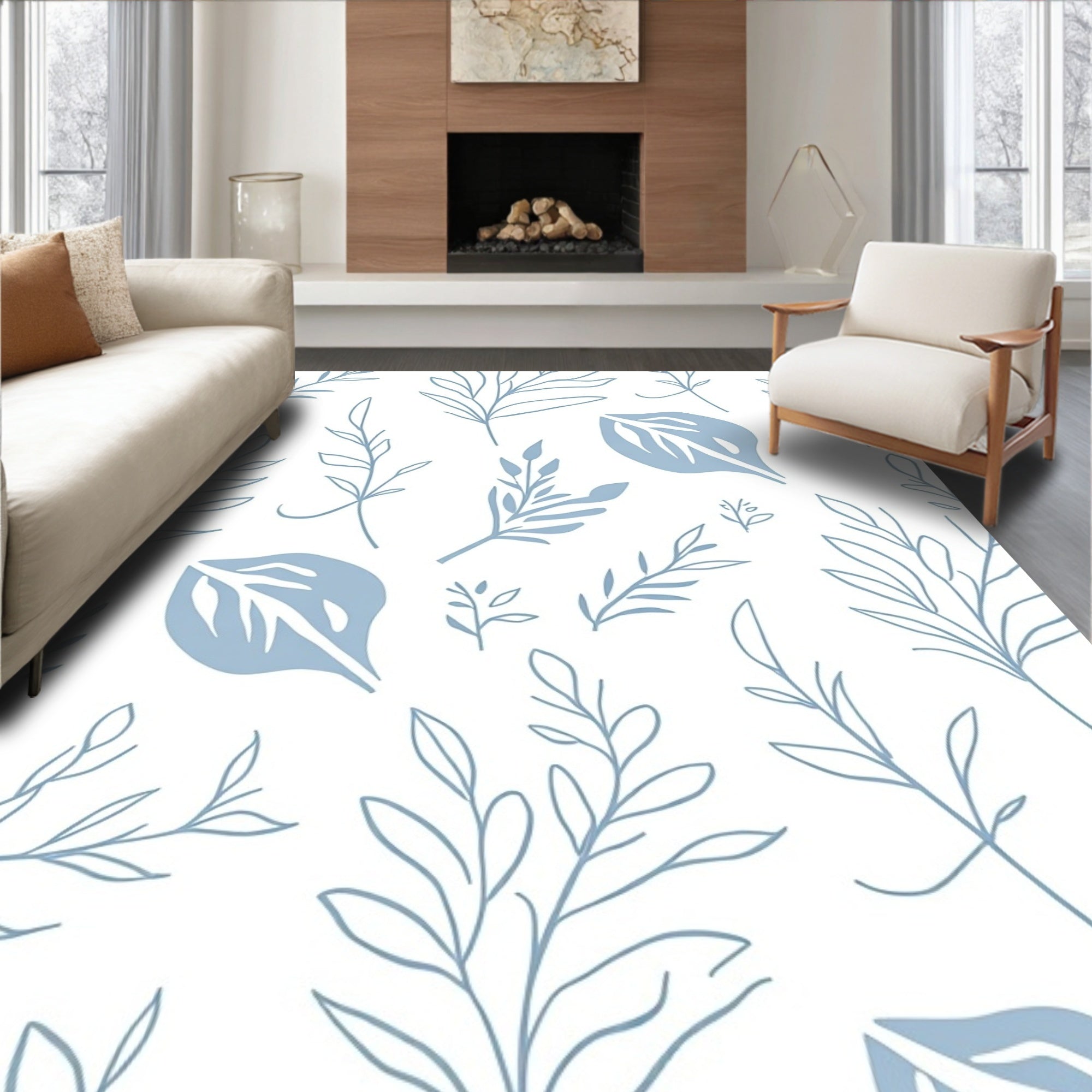 Delicate Blue Botanical Sketch Pattern Rug
