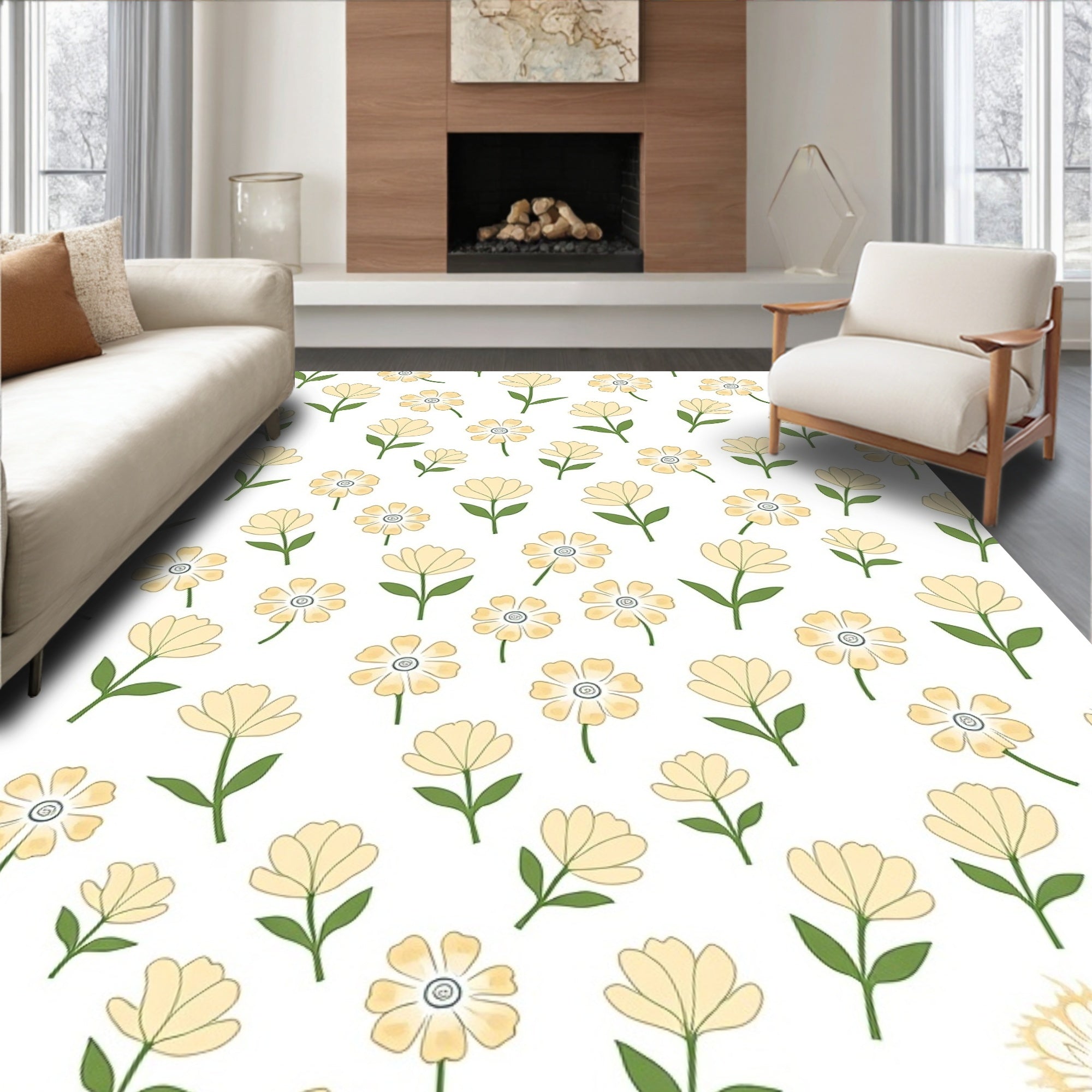 Pale Yellow Floral Pattern Design Rug