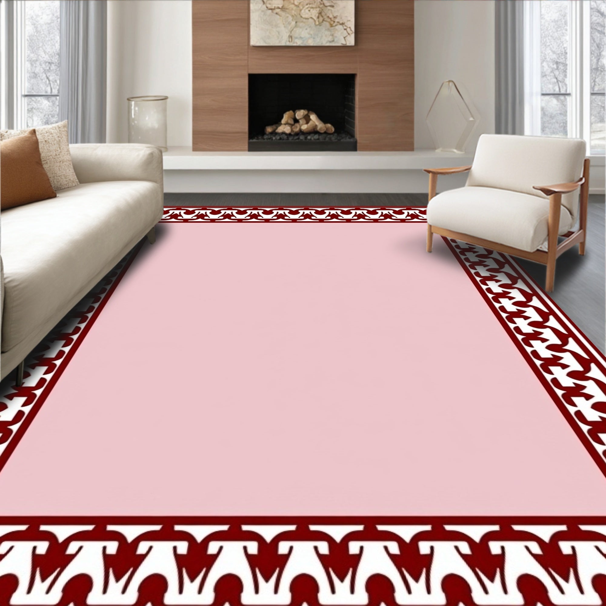 Ornate Burgundy Geometric Border Design Rug