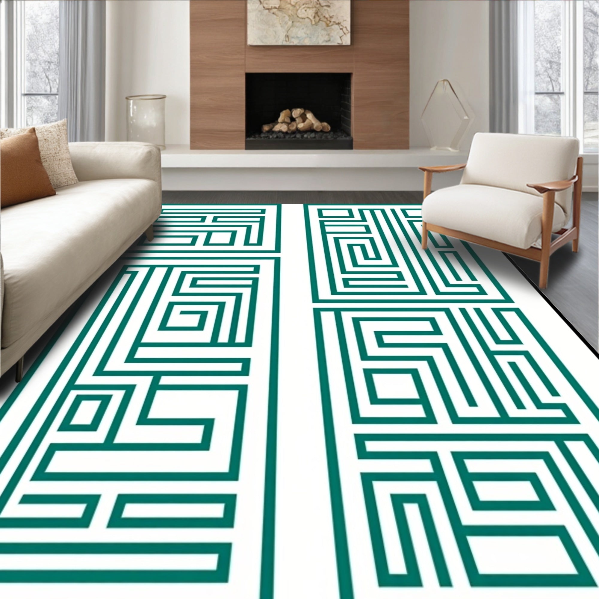 Green Geometric Maze Pattern Rug